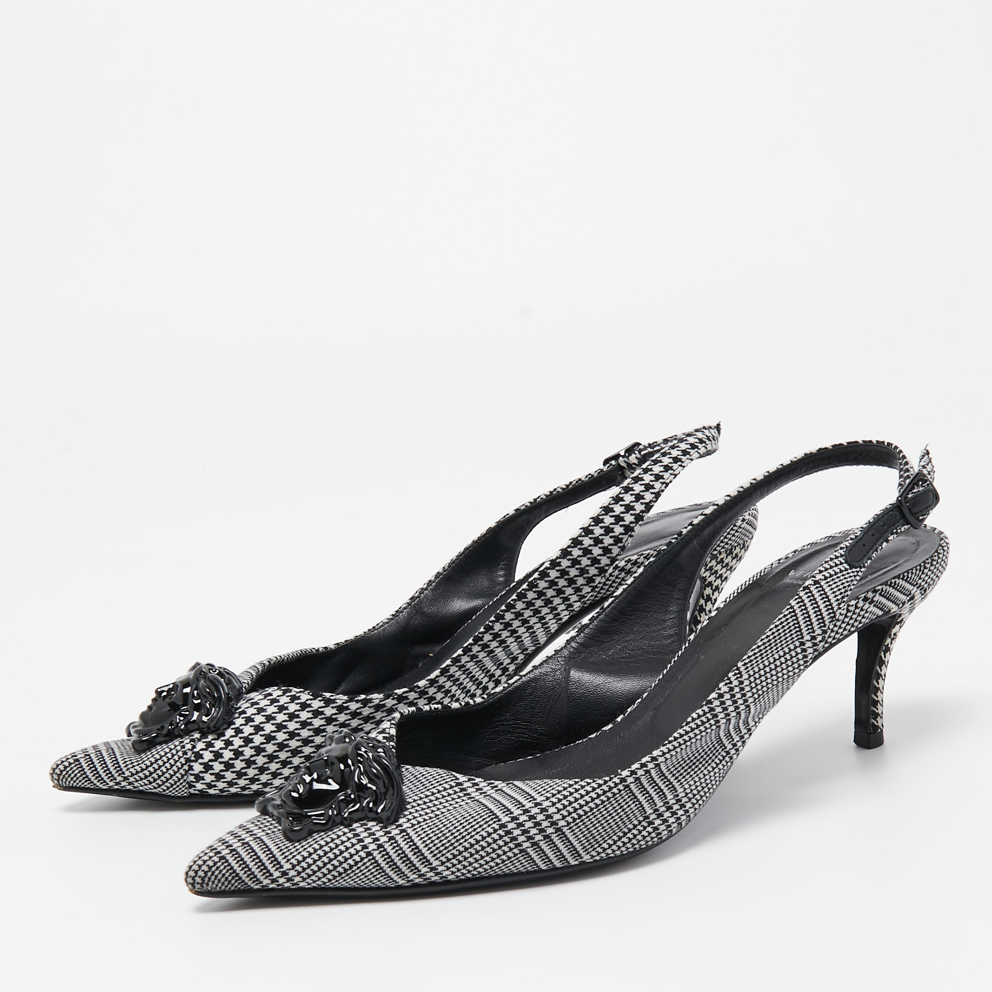 

Versace Black/White Houndstooth Fabric Palazzo Medusa Slingback Pumps Size