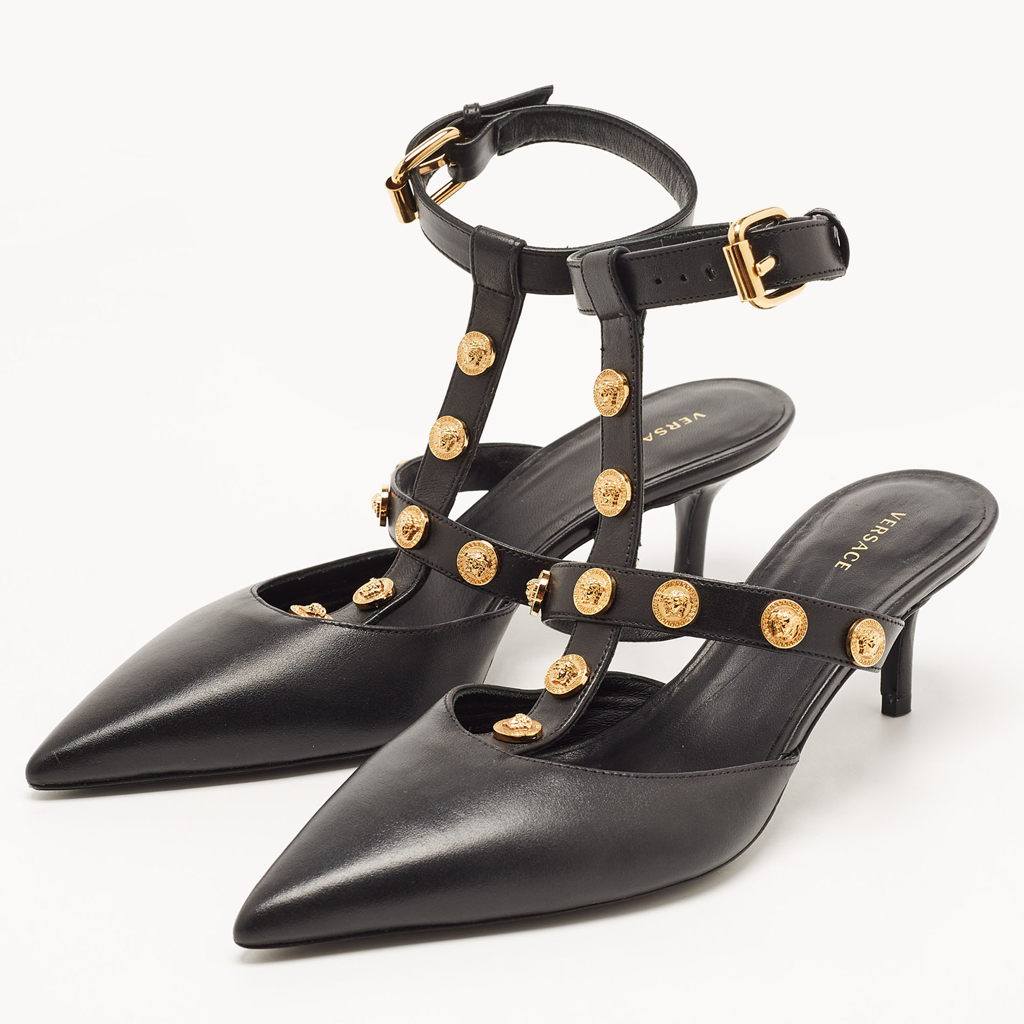 

Versace Black Leather Medusa Ankle Strap Pumps Size