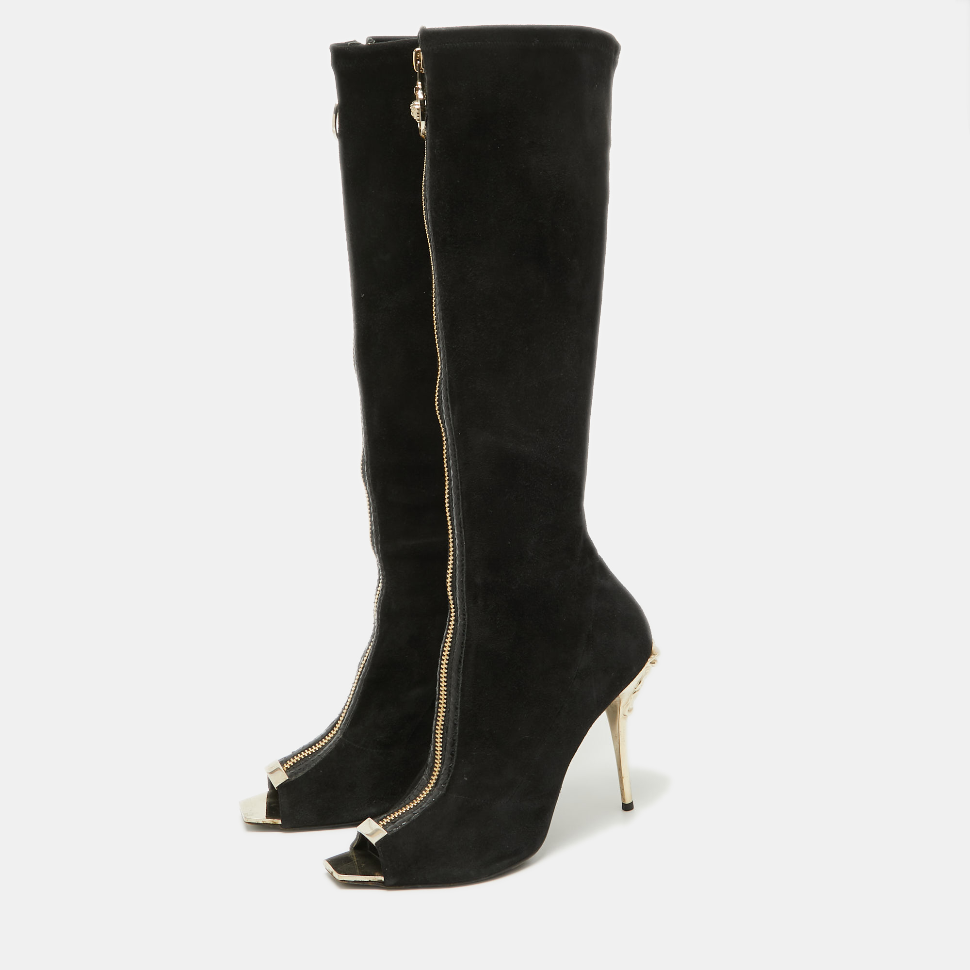 

Versace Black Suede Open Toe Knee Length Boots Size