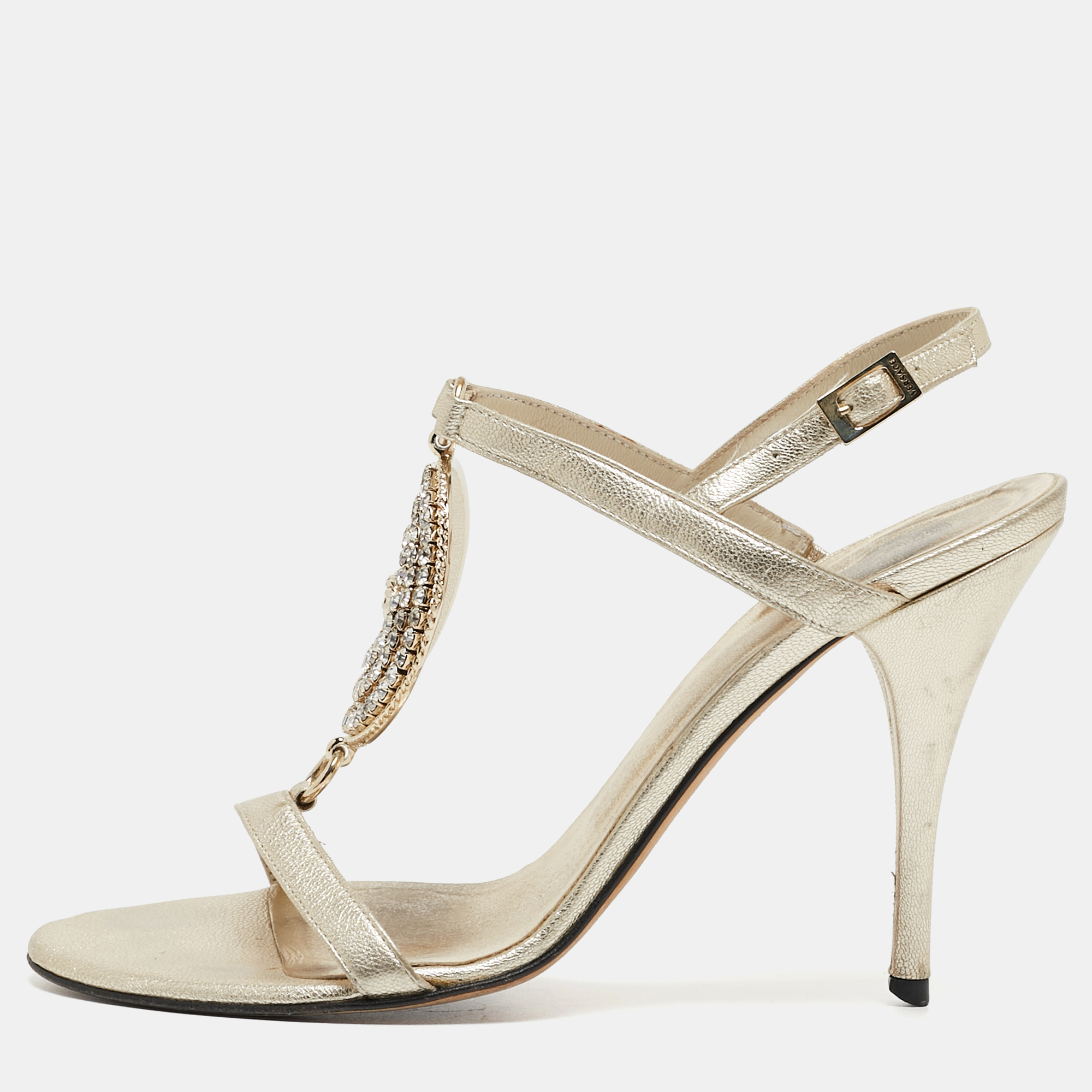 Pre-owned Versace Light Gold Leather Crystal Embellished Ankle Strap Sandals Size 38.5
