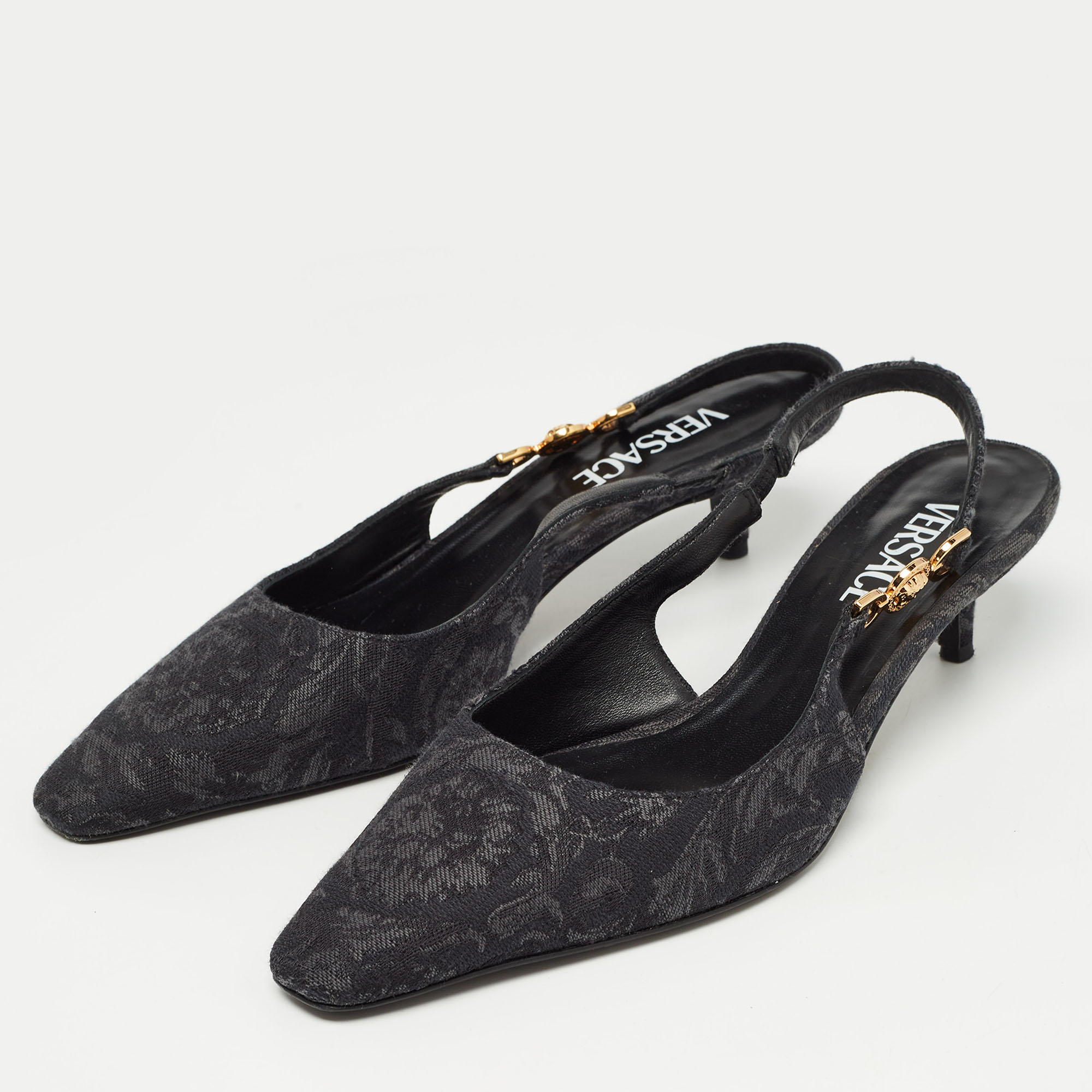 

Versace Black/Grey Jacquard Brocade Slingback Pumps Size