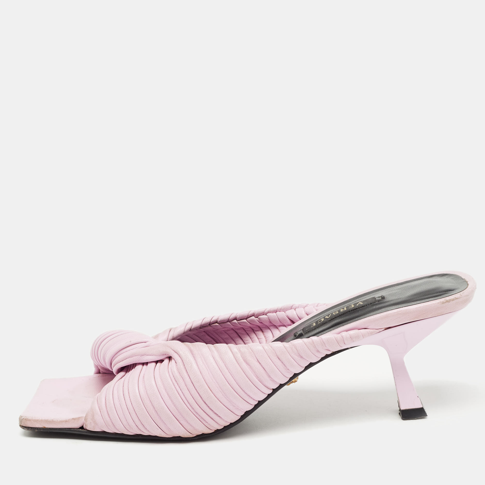 

Versace Pink Pleated Leather Plisse Slide Sandals Size