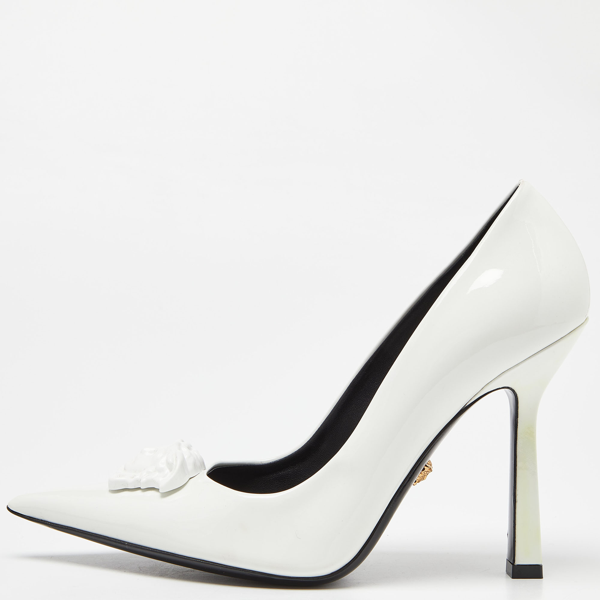 Pre-owned Versace White Patent Leather Medusa Pointed Toe Pumps Size 40