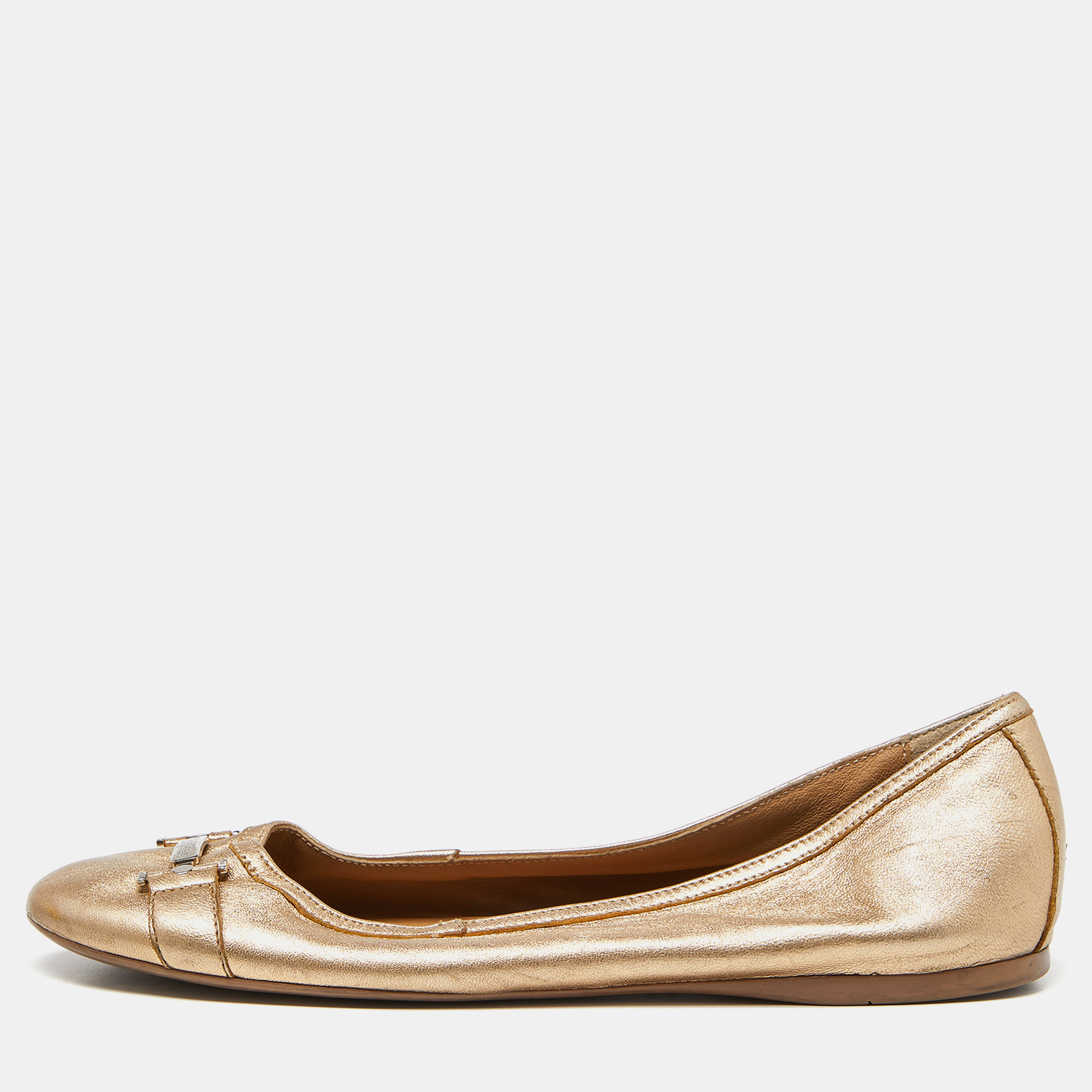 Pre-owned Versace Gold Leather Ballet Flats Size 37
