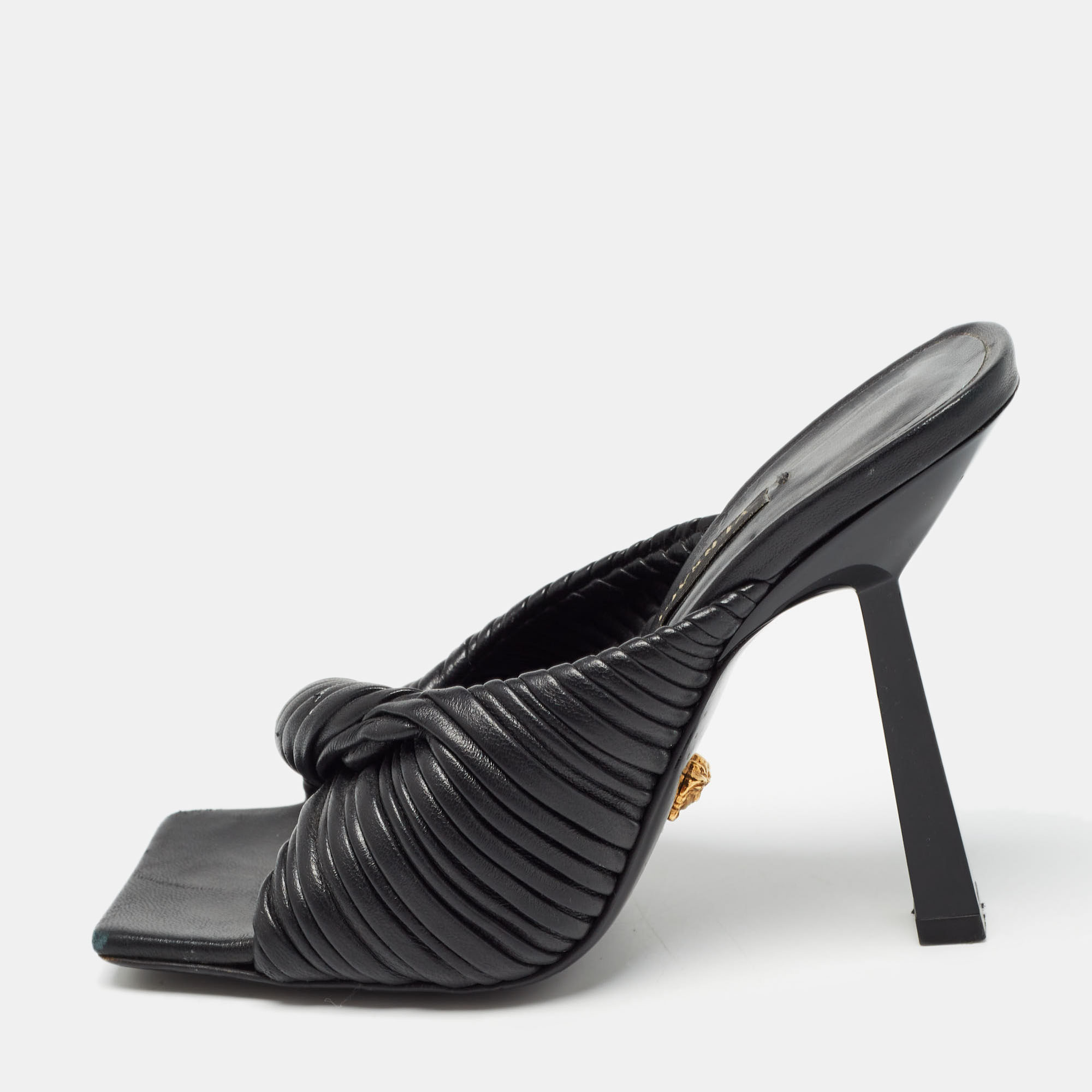 

Versace Black Leather Plisse Slide Sandals Size