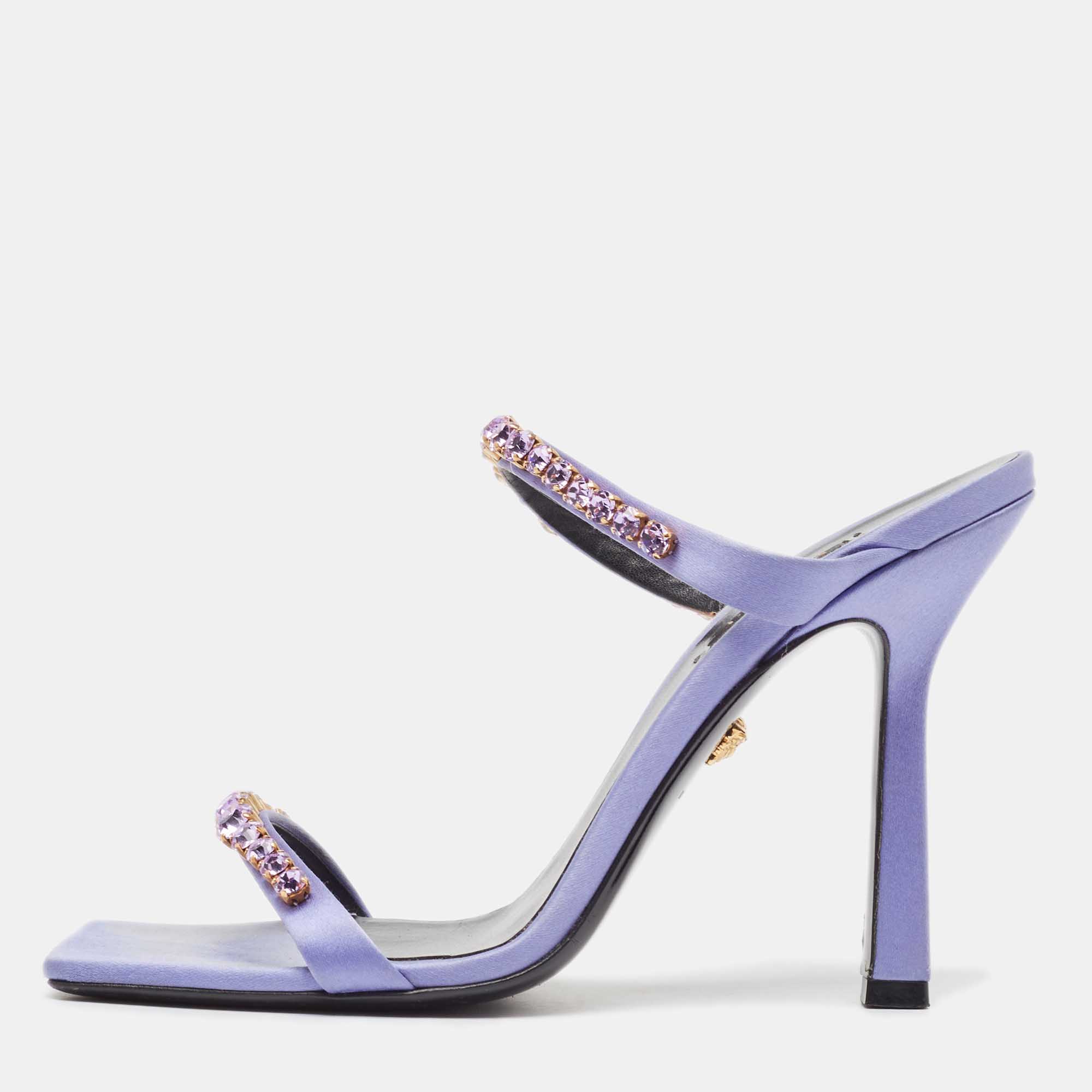 

Versace Purple Satin Crystal Embellished Square Toe Slide Sandals Size