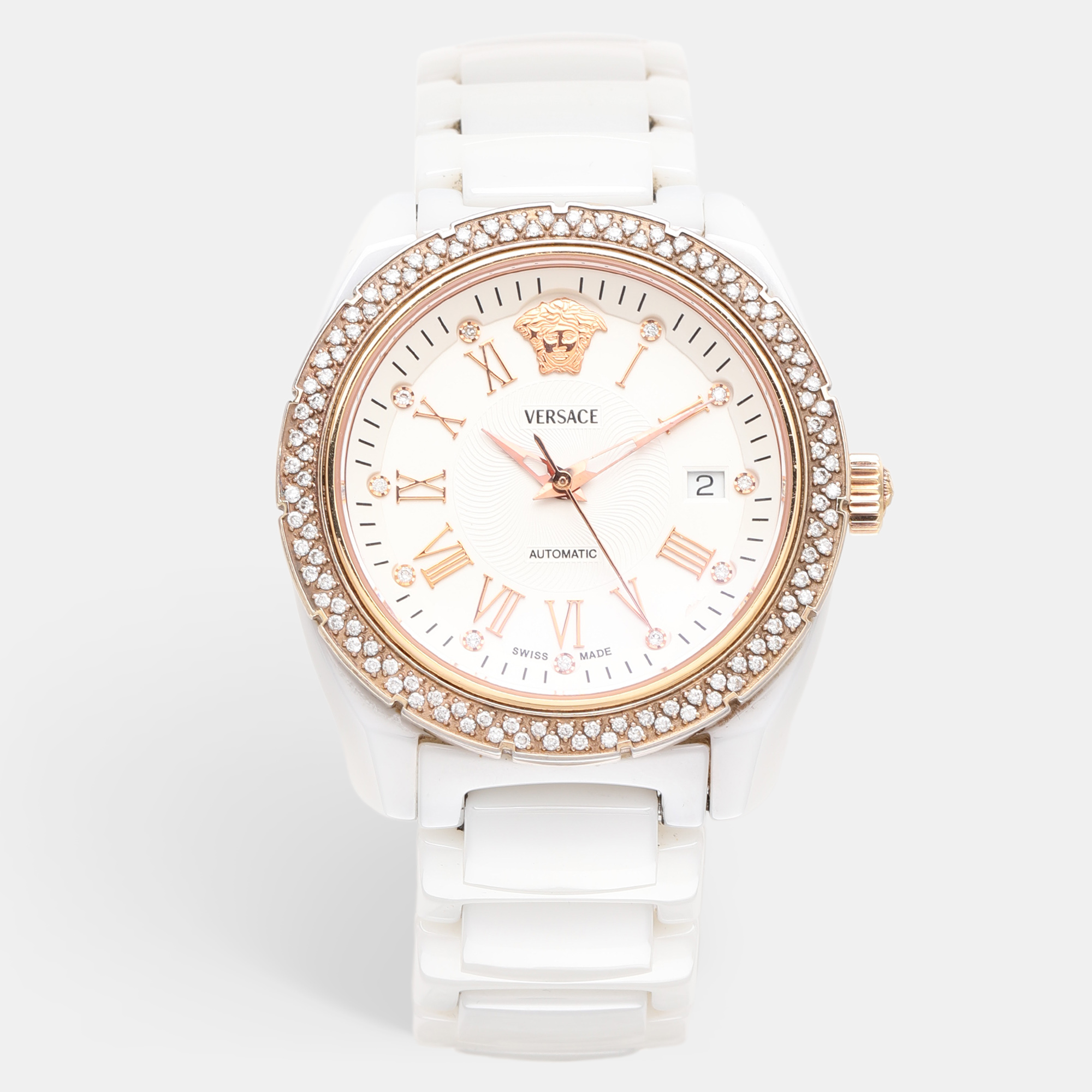 

Versace Mother of Pearl Ceramic Rose Gold Plated Stainless Steel Diamond DV One, White