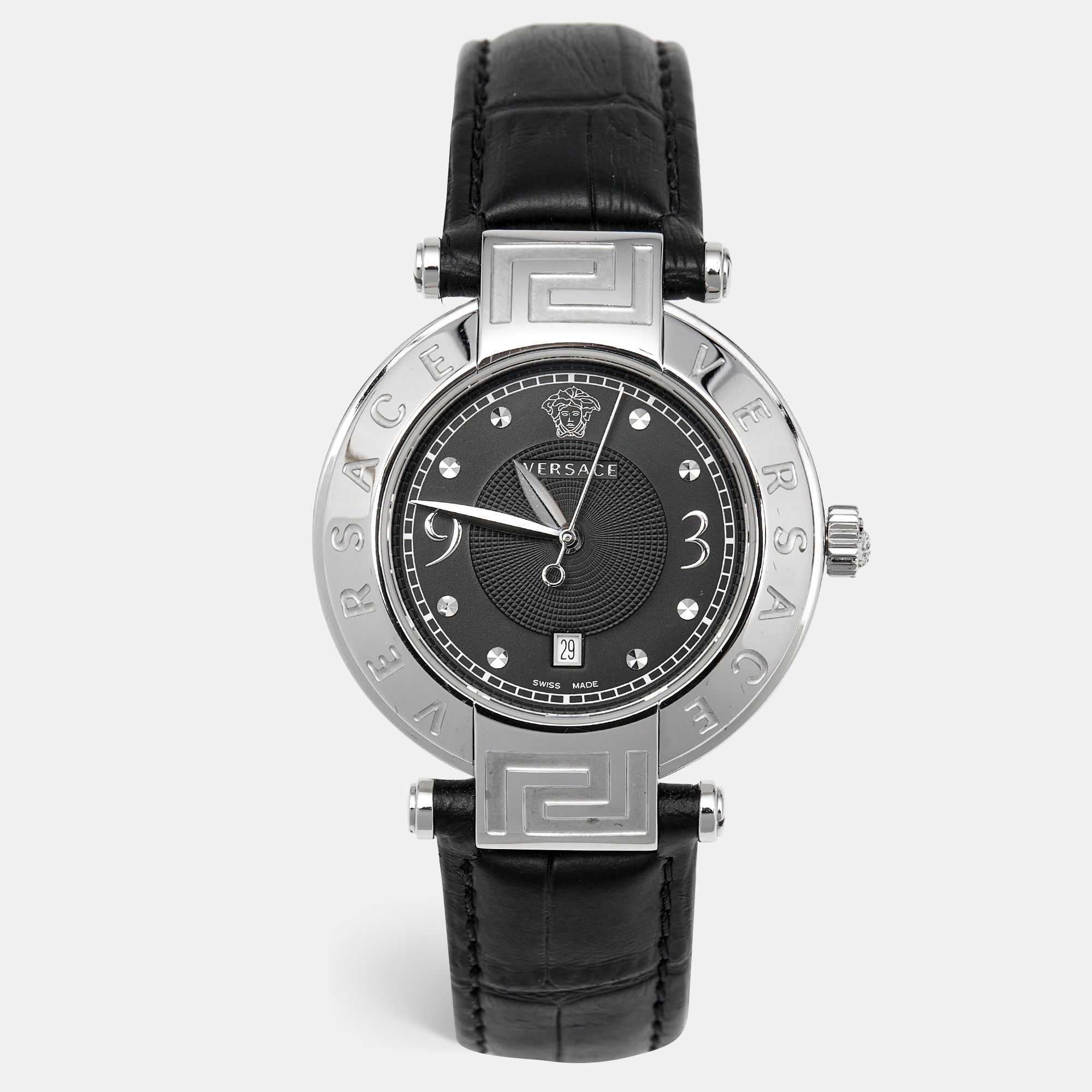 

Versace Black Stainless Steel Embossed Leather Reve