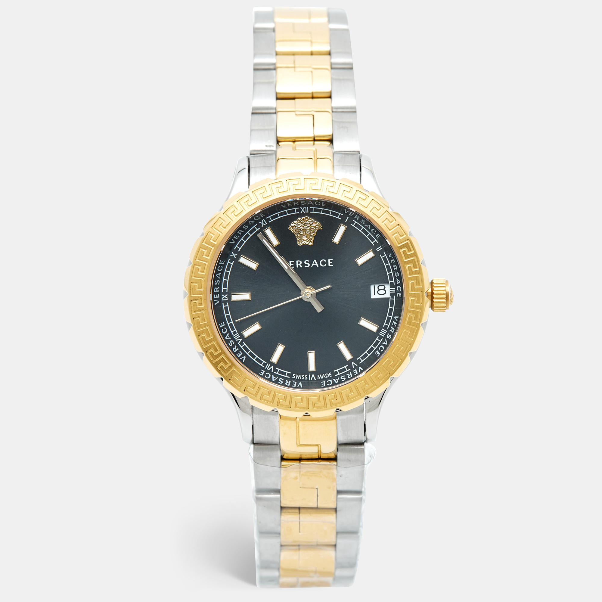 Pre-owned Versace Black Dial Two-tone Stainless Steel Hellenyium V12 Women's Wristwatch 35 Mm