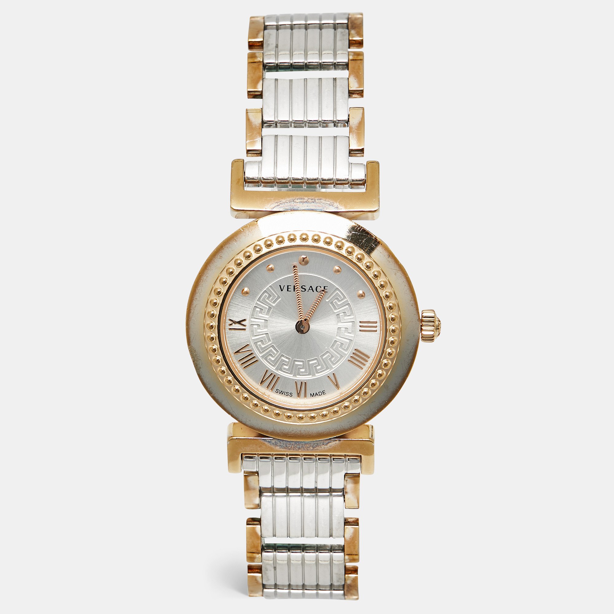Pre-owned Versace Silver Two Tone Stainless Steel Vanity P5q Women's Wristwatch 35 Mm In Multi
