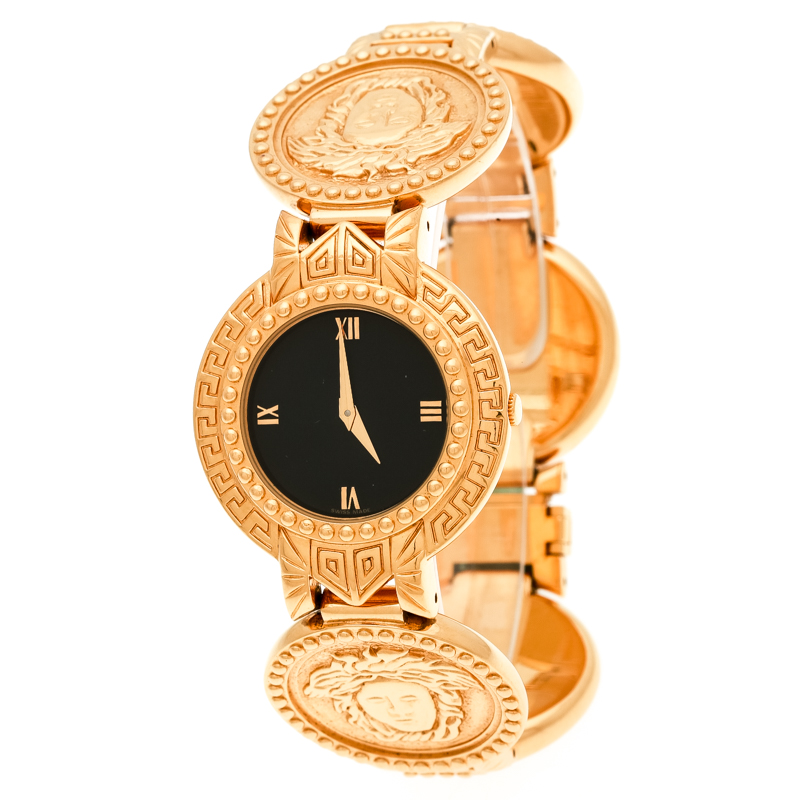 مملوكة مسبقًا Versace Black Gold Tone Medusa Icon Women's Wristwatch 30 mm