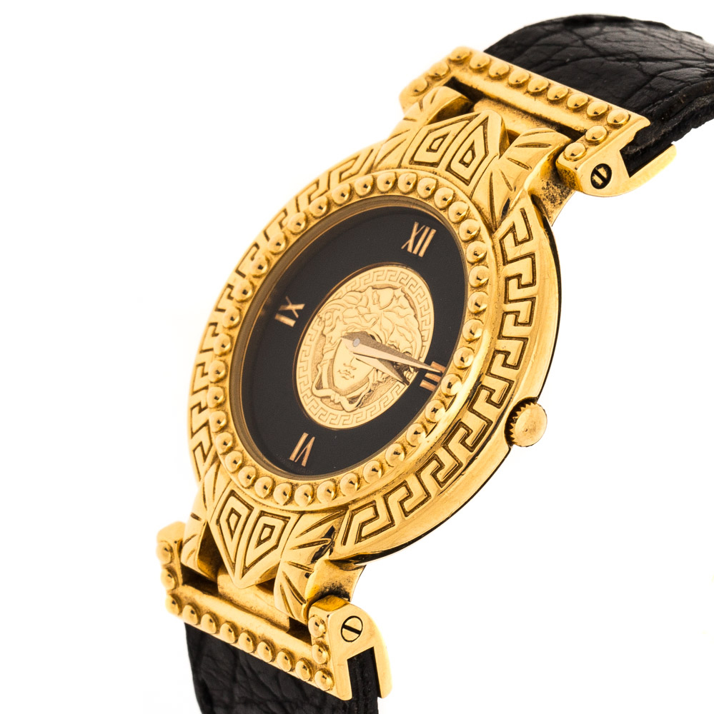 

Gianni Versace Signature Medusa Gold Plated Leather Women's Wristwatch, Black