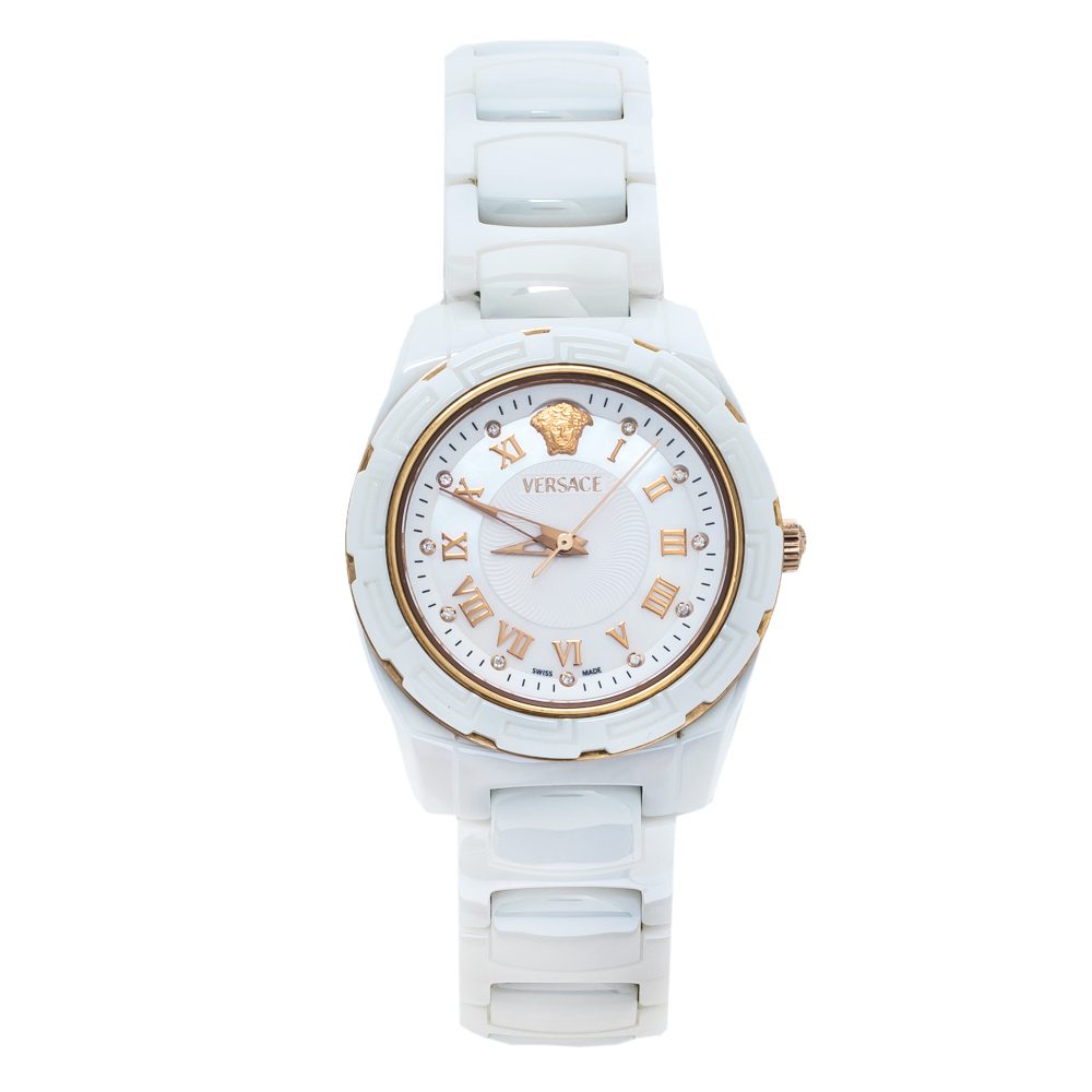 Versace White Mother of Pearl White Ceramic Rose Gold Plated Stainless Steel DV One 63Q Women's Wristwatch 35 mm