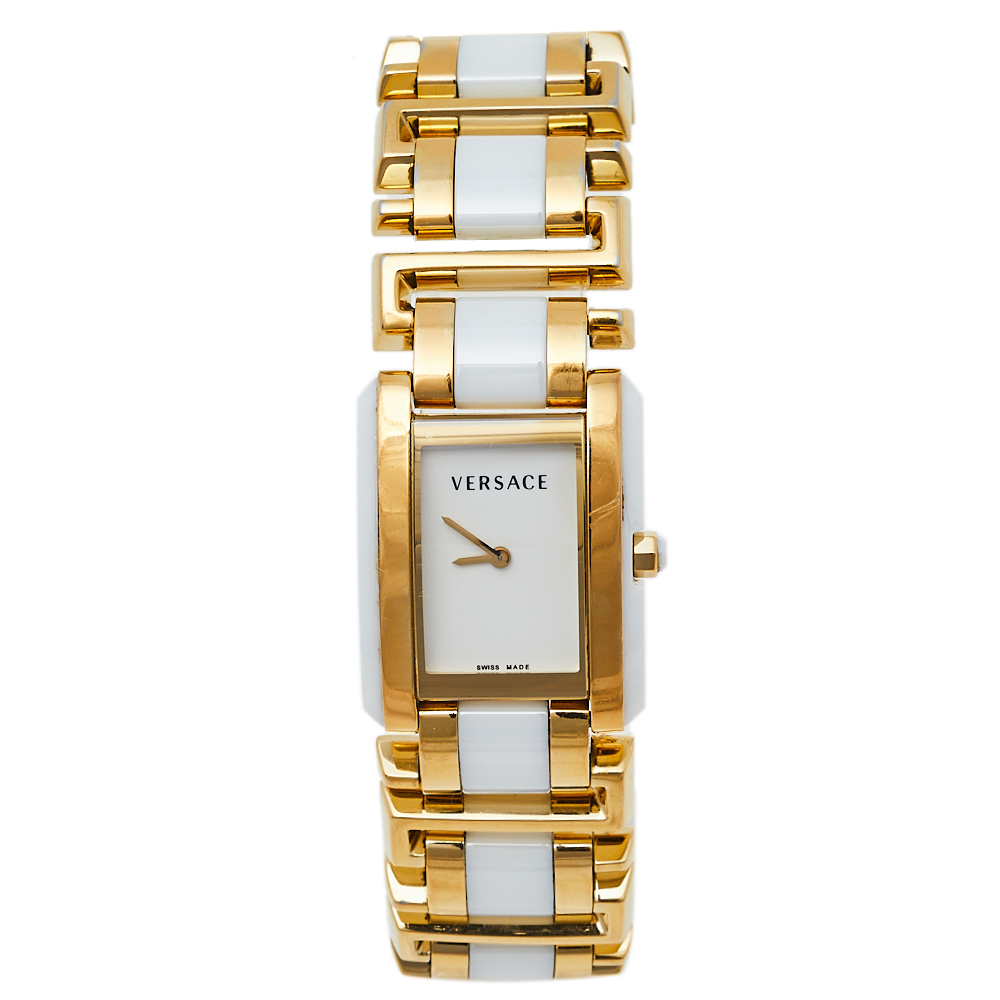 Pre-owned Versace White Gold Plated Stainless Steel Ceramic Era 70q Women's Wristwatch 25 Mm