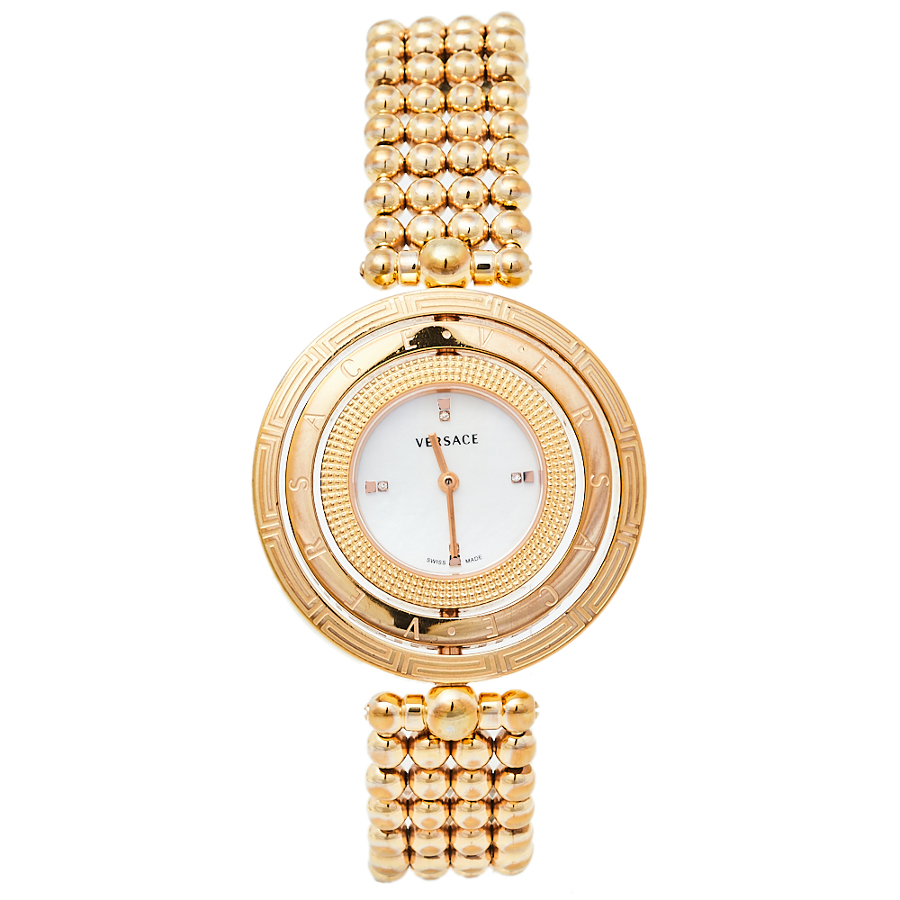 Pre-owned Versace Mother Of Pearl Gold Plated Stainless Steel Eon 80q Women's Wristwatch 39 Mm In White