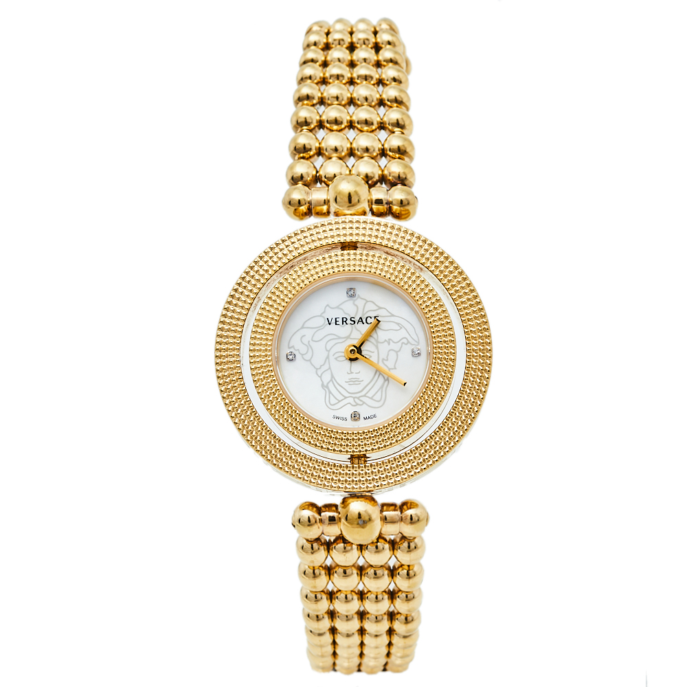 Pre-owned Versace Mother Of Pearl Yellow Gold Plated Stainless Steel Eon 79q Women's Wristwatch 33.5 Mm In White