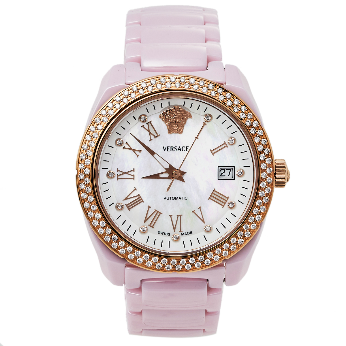 Pre-owned Versace Mother Of Pearl Ceramic & Rose Gold Plated Stainless Steel Diamond Dv One 01acp51 Women's Wristwatch In White