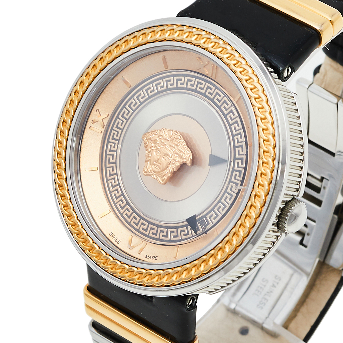 

Versace Rose Gold Two-Tone Stainless Steel Leather V-Metal Icon VLC100014 Women's Wristwatch, Black