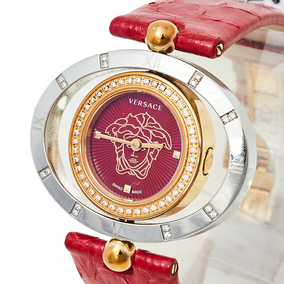 

Versace Red Two Tone Stainless Steel Leather Diamond Eon Ellipsis