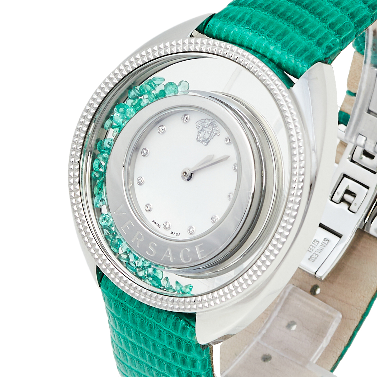 

Versace Mother of Pearl Stainless Steel Lizard Destiny Precious, Green