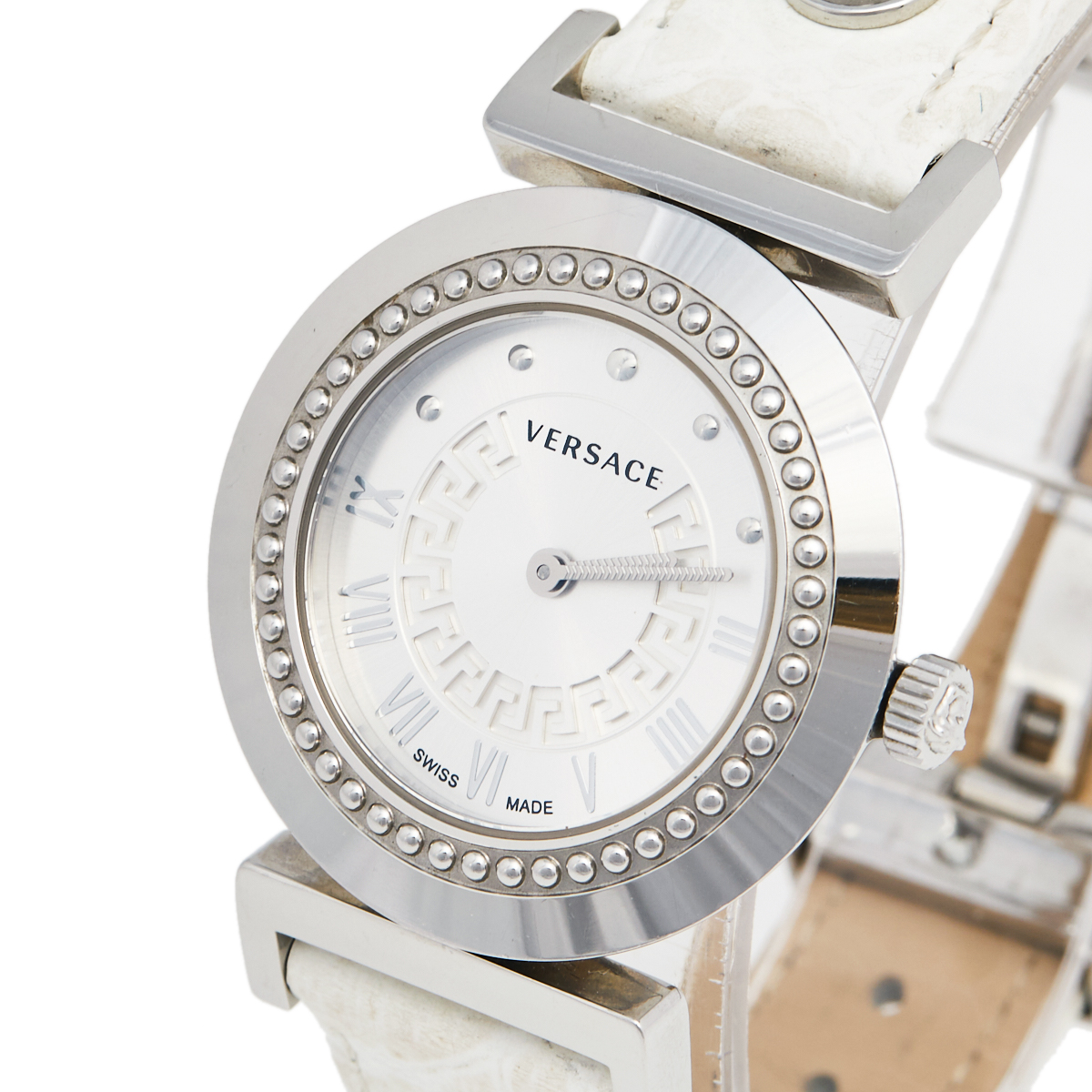 

Versace Silver White Stainless Steel Leather Vanity P5Q Women's Wristwatch