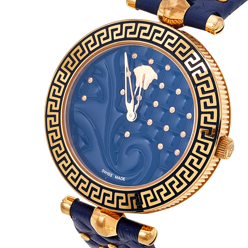 

Versace Blue Rose Gold Plated Stainless Steel Leather Vanitas VK7 Women's Wristwatch