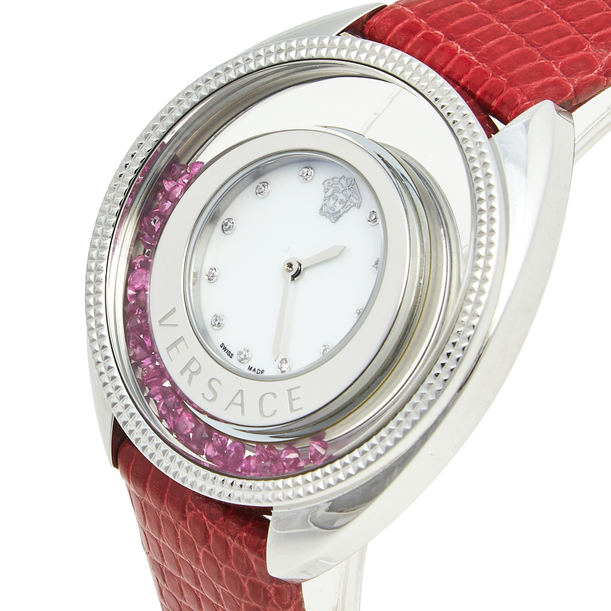 

Versace Mother of Pearl Stainless Steel Lizard Destiny Precious, Red