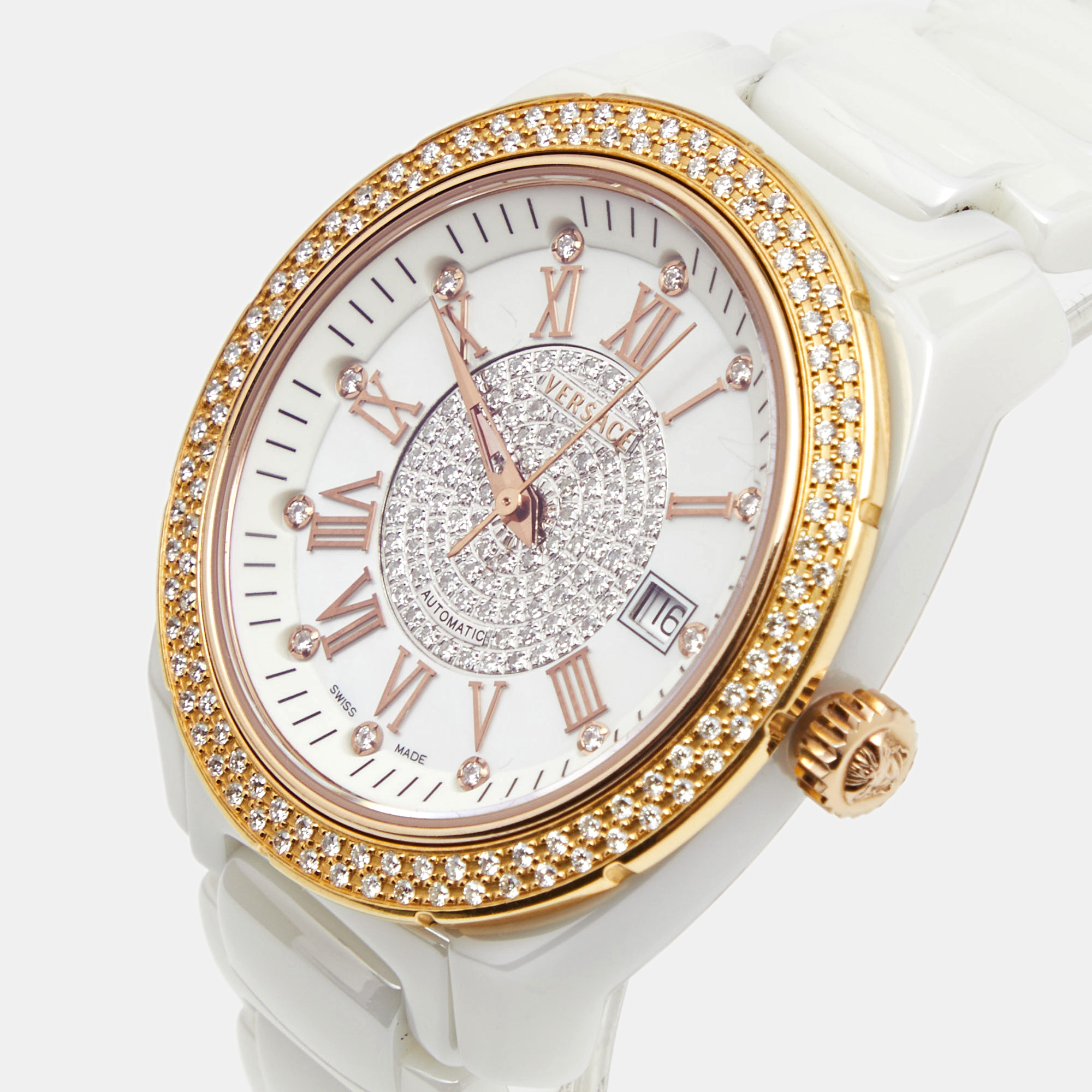 

Versace Mother of Pearl Diamond Rose Gold Plated Stainless Steel Ceramic DV One, White