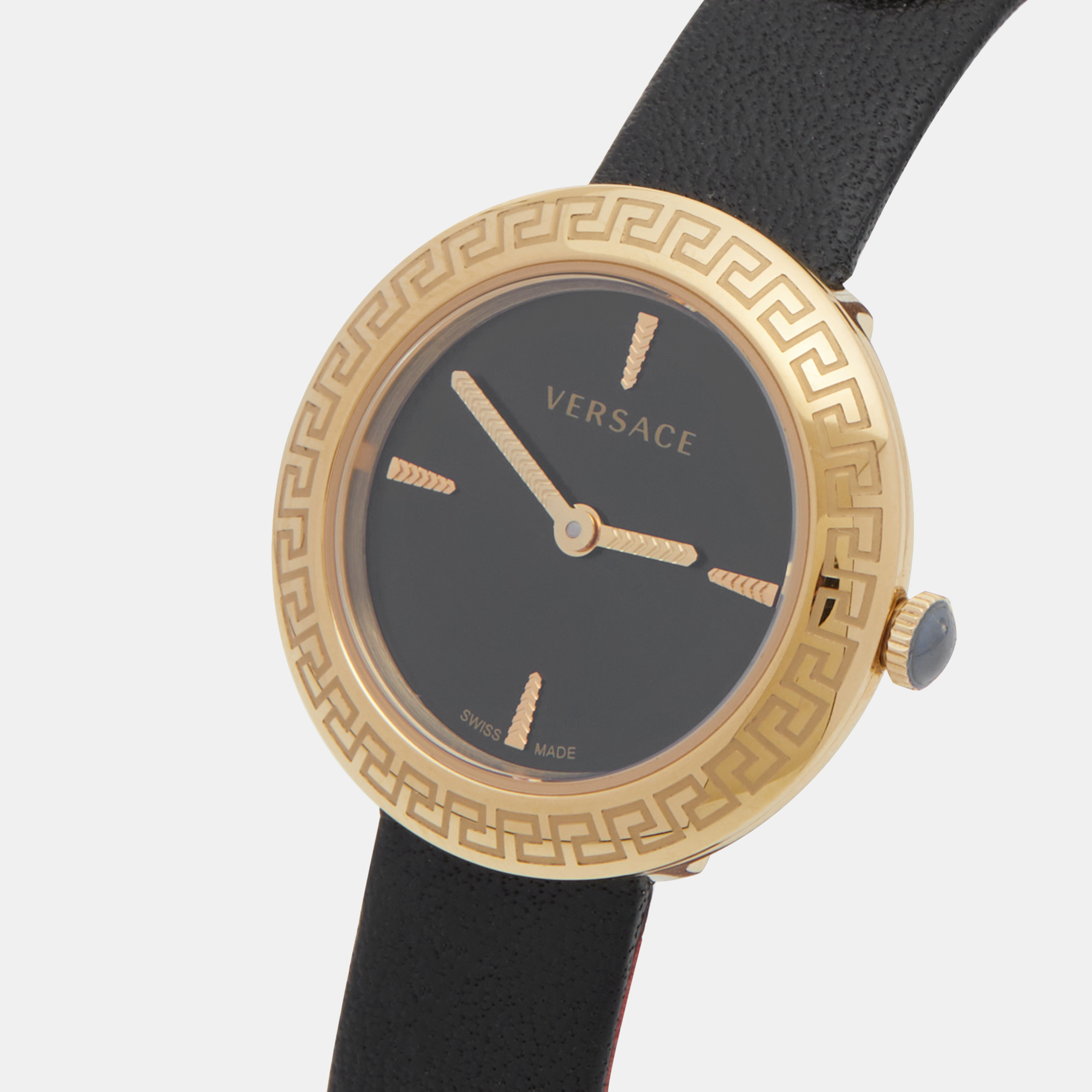 

Versace Black Gold Plated Stainless Steel Leather Medusa Stud Icon VERF00318 Women's Wristwatch