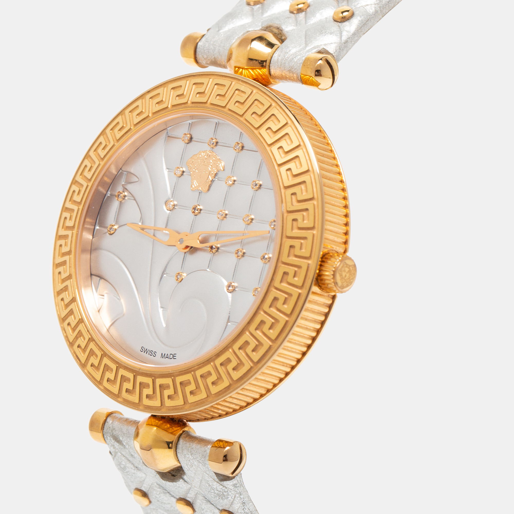 

Versace Silver Rose Gold Plated Stainless Steel Leather Vanitas VK7 Women's Wristwatch