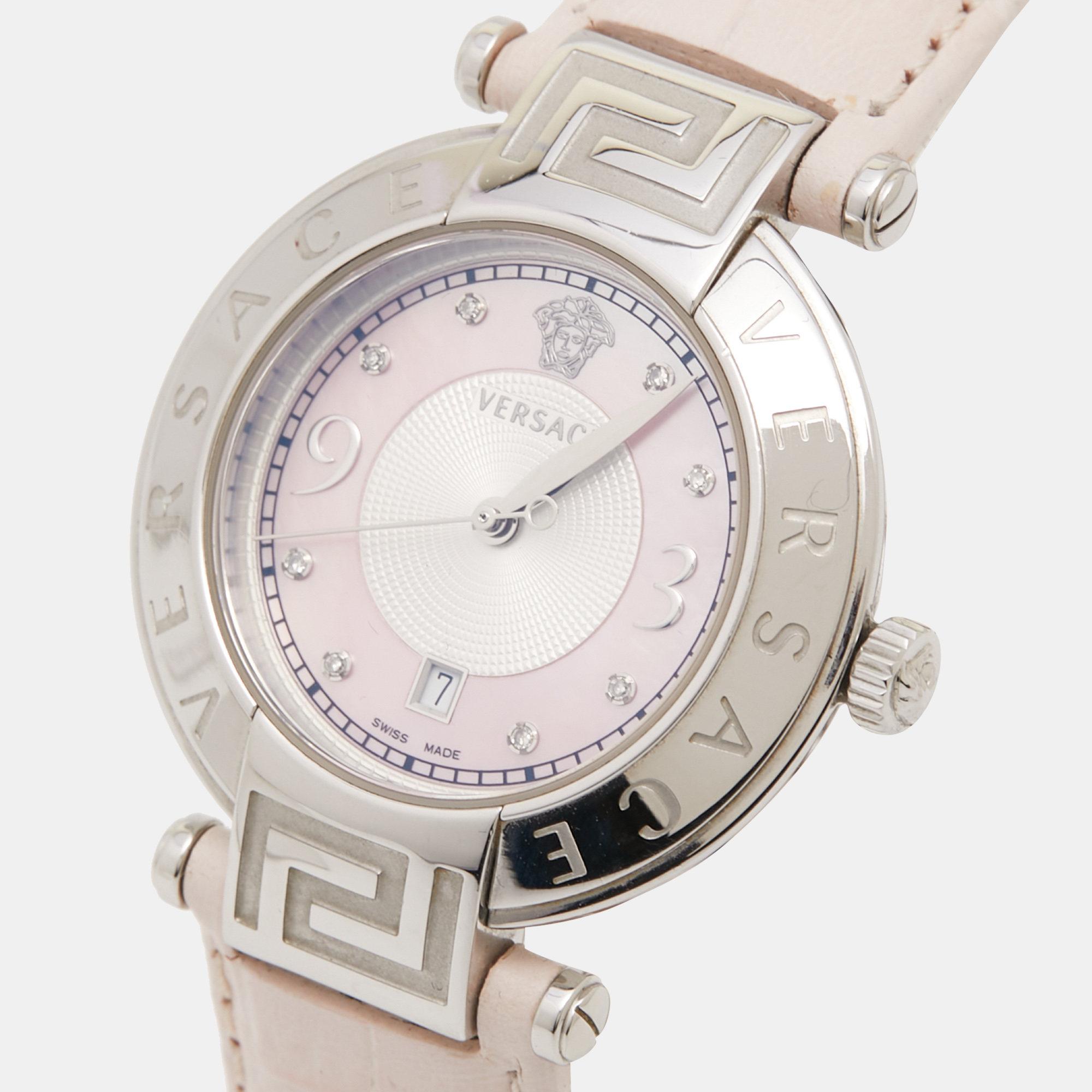 

Versace Pink Mother of Pearl Stainless Steel Leather Reve