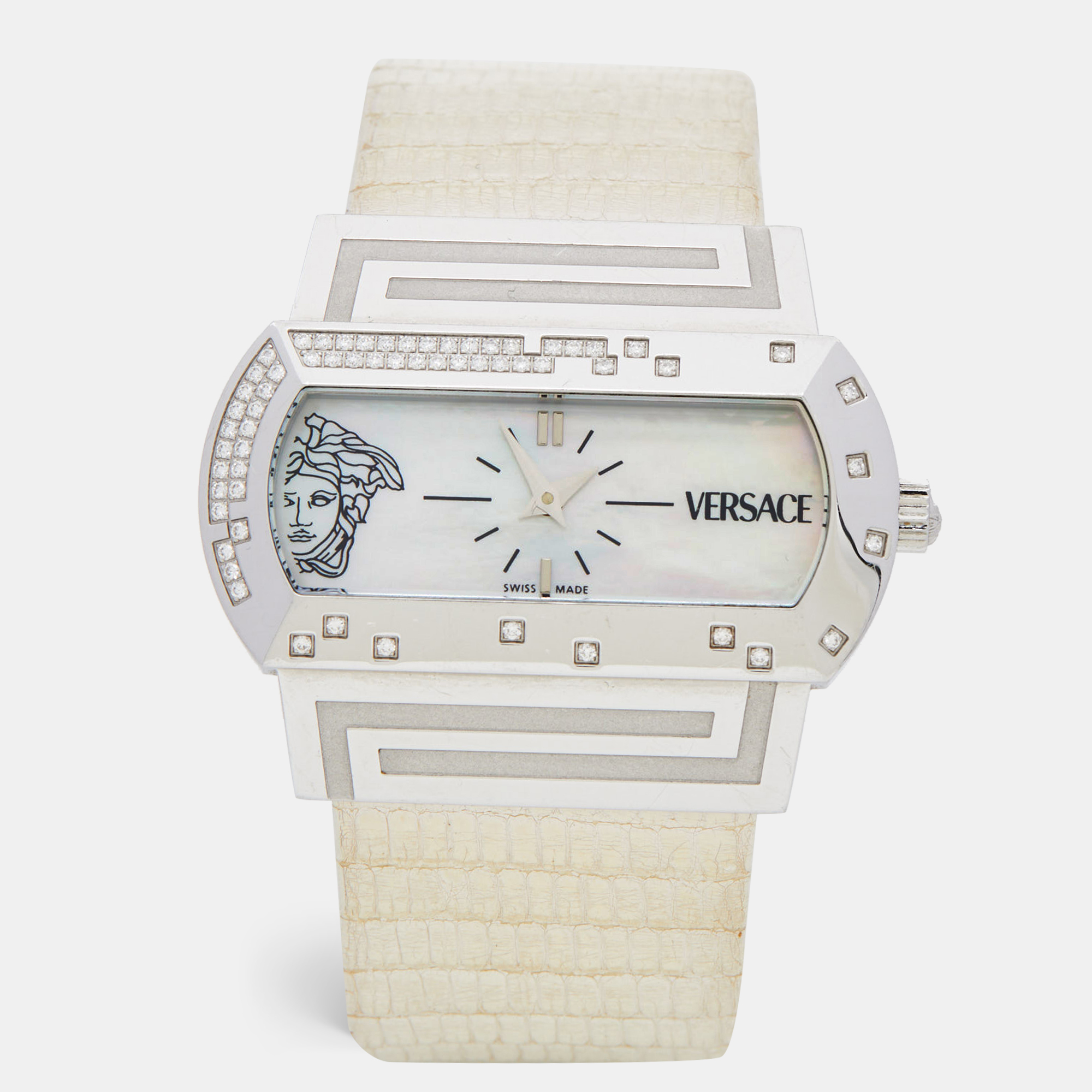 Pre-owned Versace Mother Of Pearl Diamond Stainless Steel Lizard Psq99 Women's Wristwatch 40 Mm In White