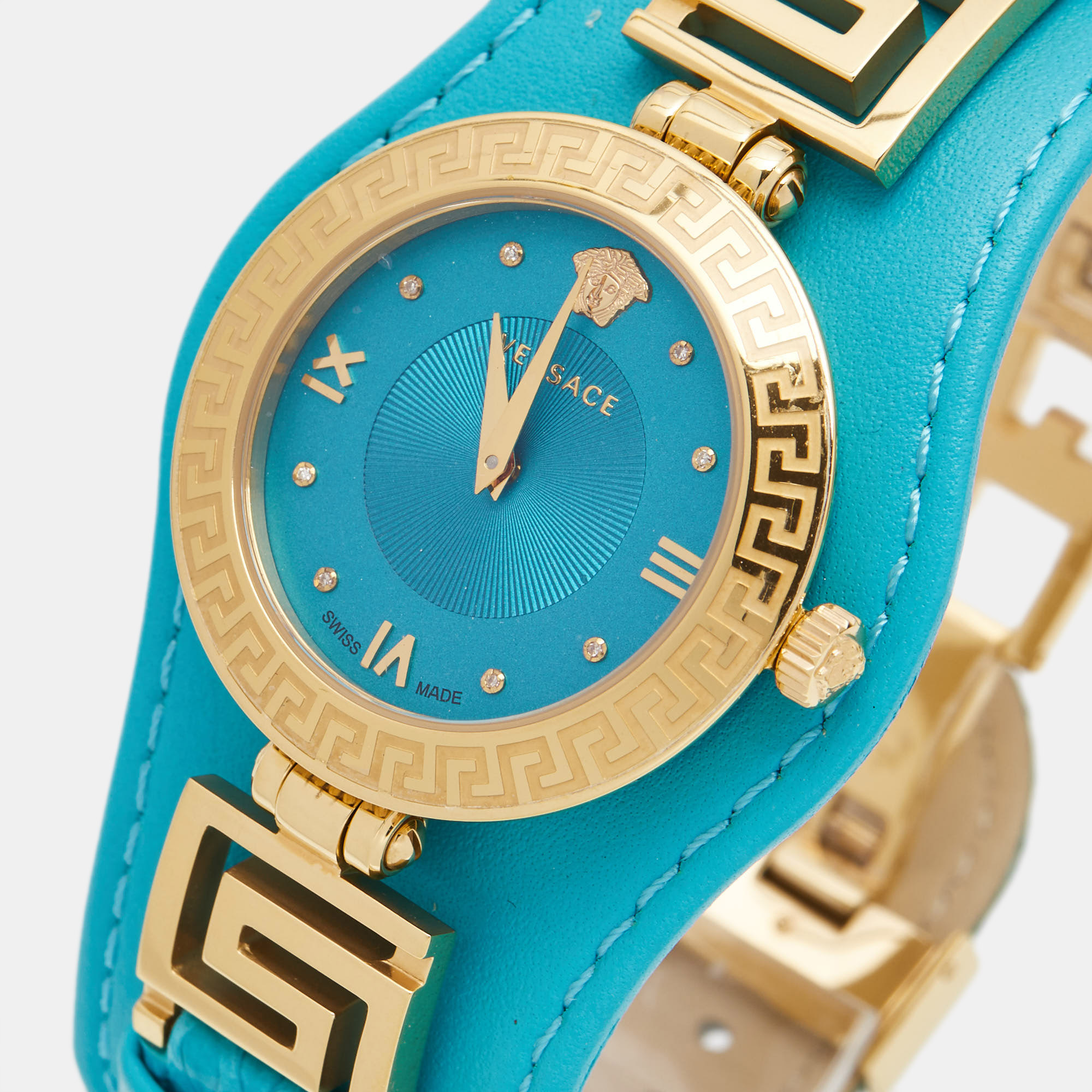 

Versace Aqua Blue Rose Gold Plated Stainless Steel Leather V Signature VLA080014 Women's Wristwatch