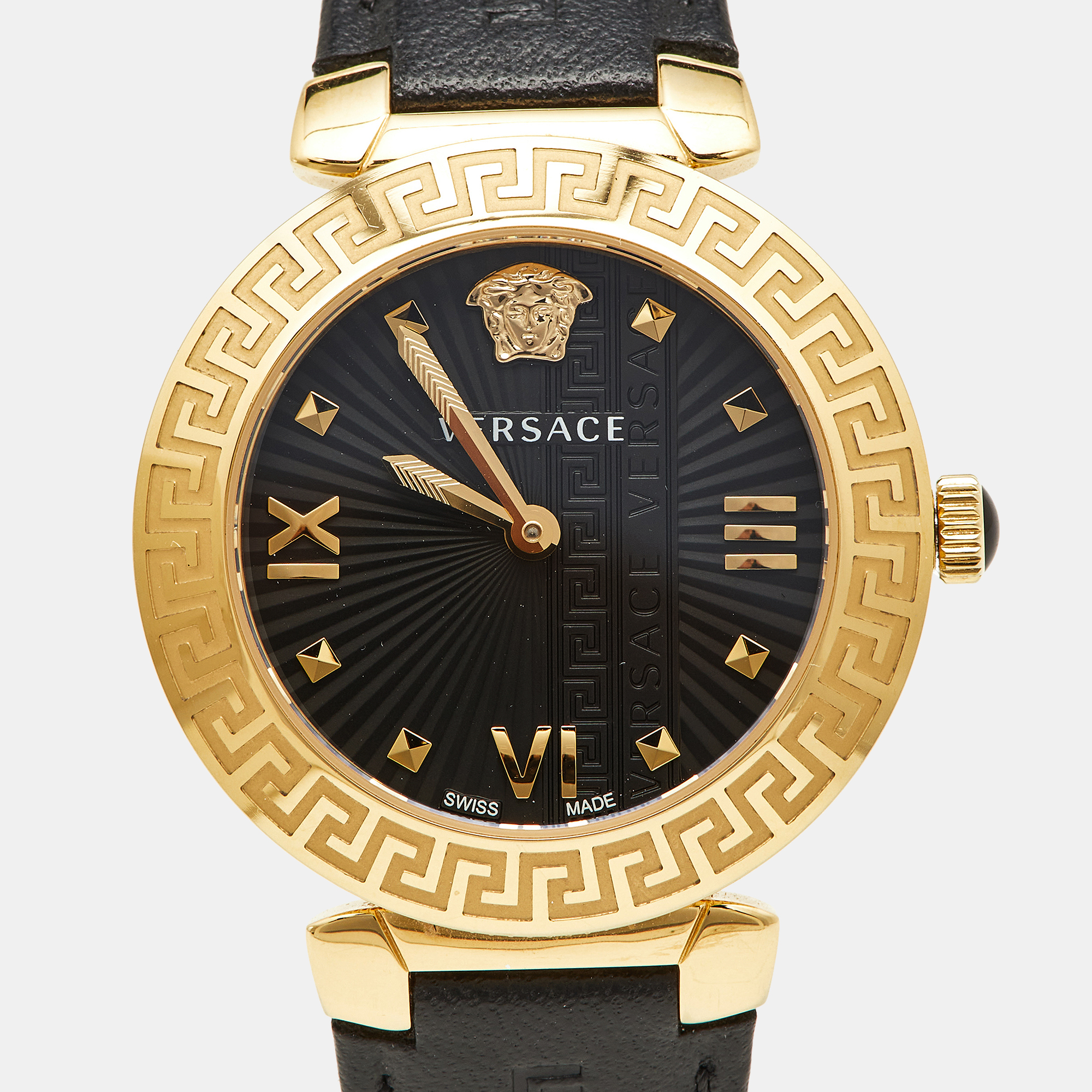 

Versace Black Gold Plated Stainless Steel Leather Greca Icon VEZ600221 Women's Wristwatch