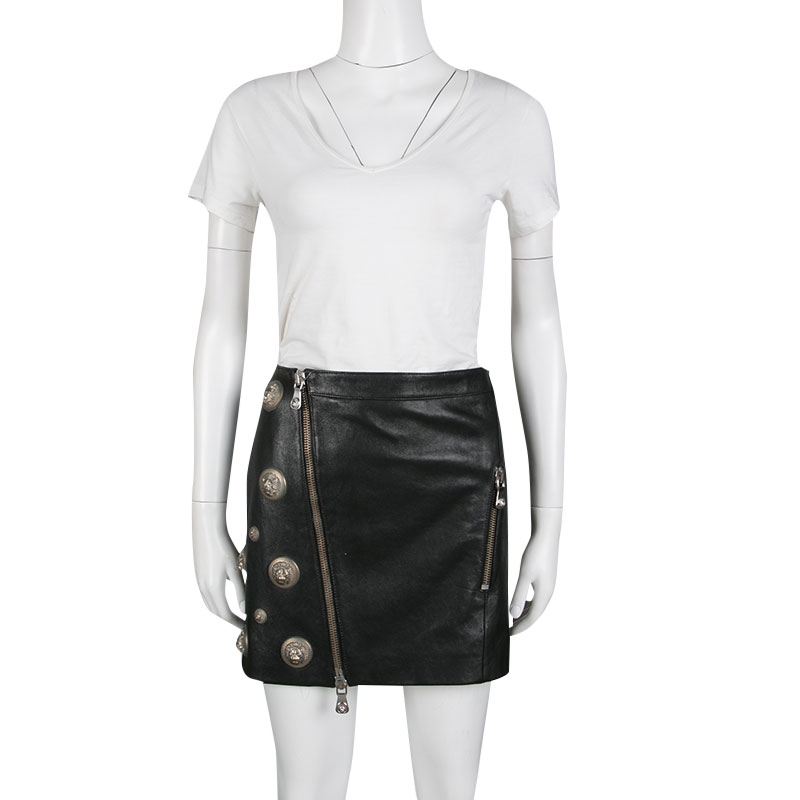 

Versus Versace Lion Stud Zip Detail Lambskin Leather Mini Skirt, Black