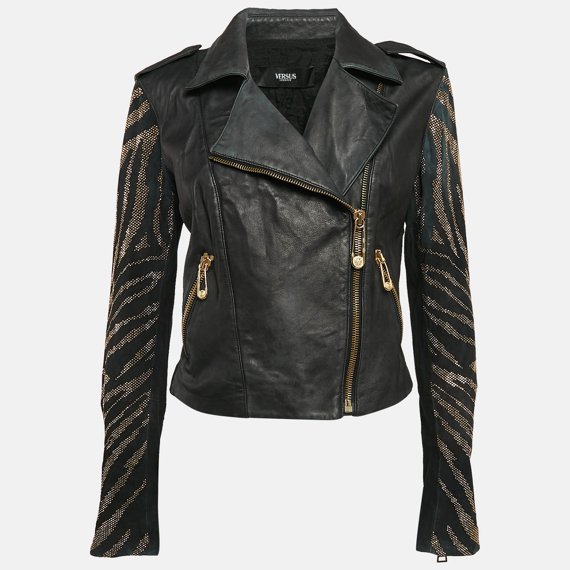 

Versus Versace Embellished Leather Zip-Up Jacket M, Black