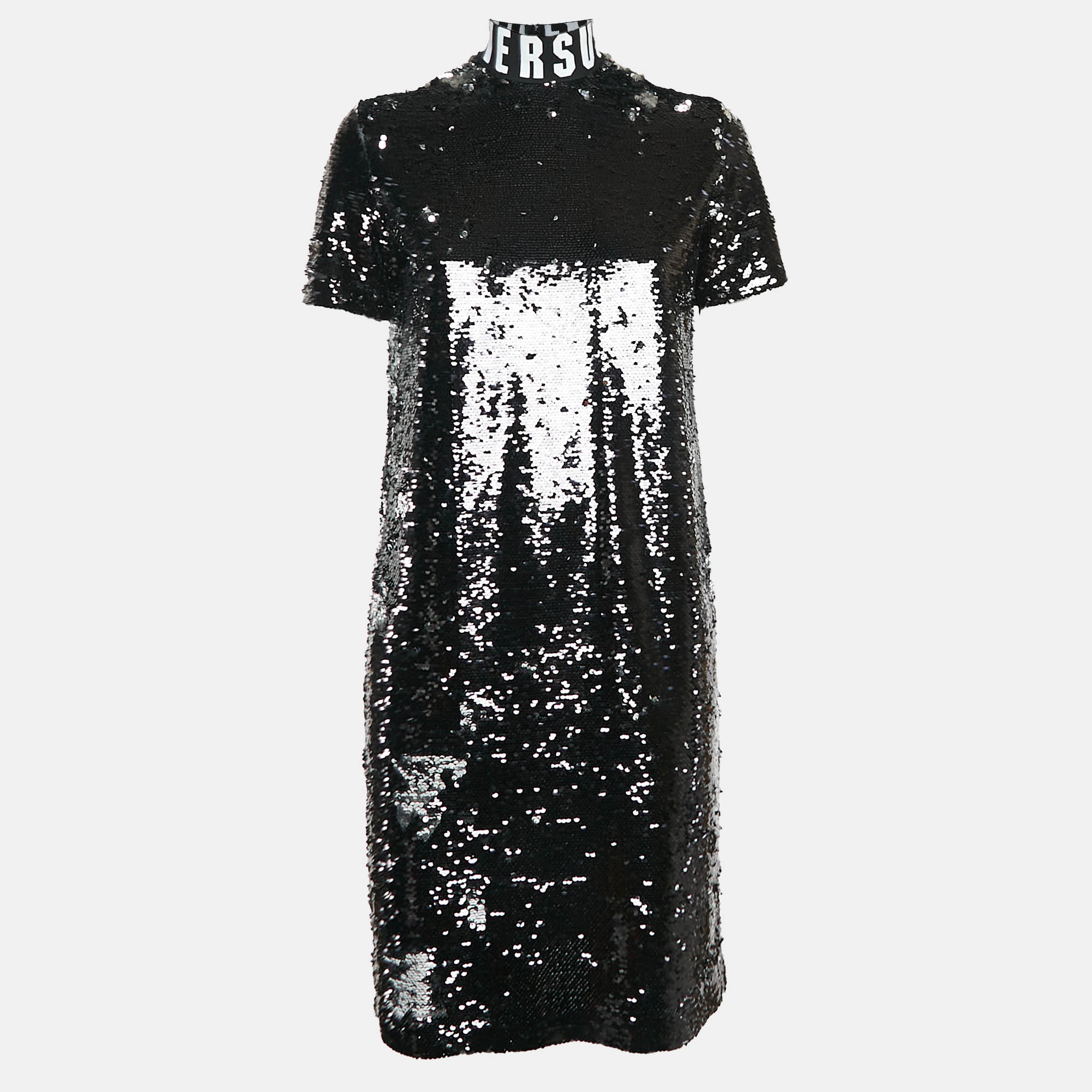 

Versus Versace Black Sequin Embellished Mesh High-Neck Mini Dress S