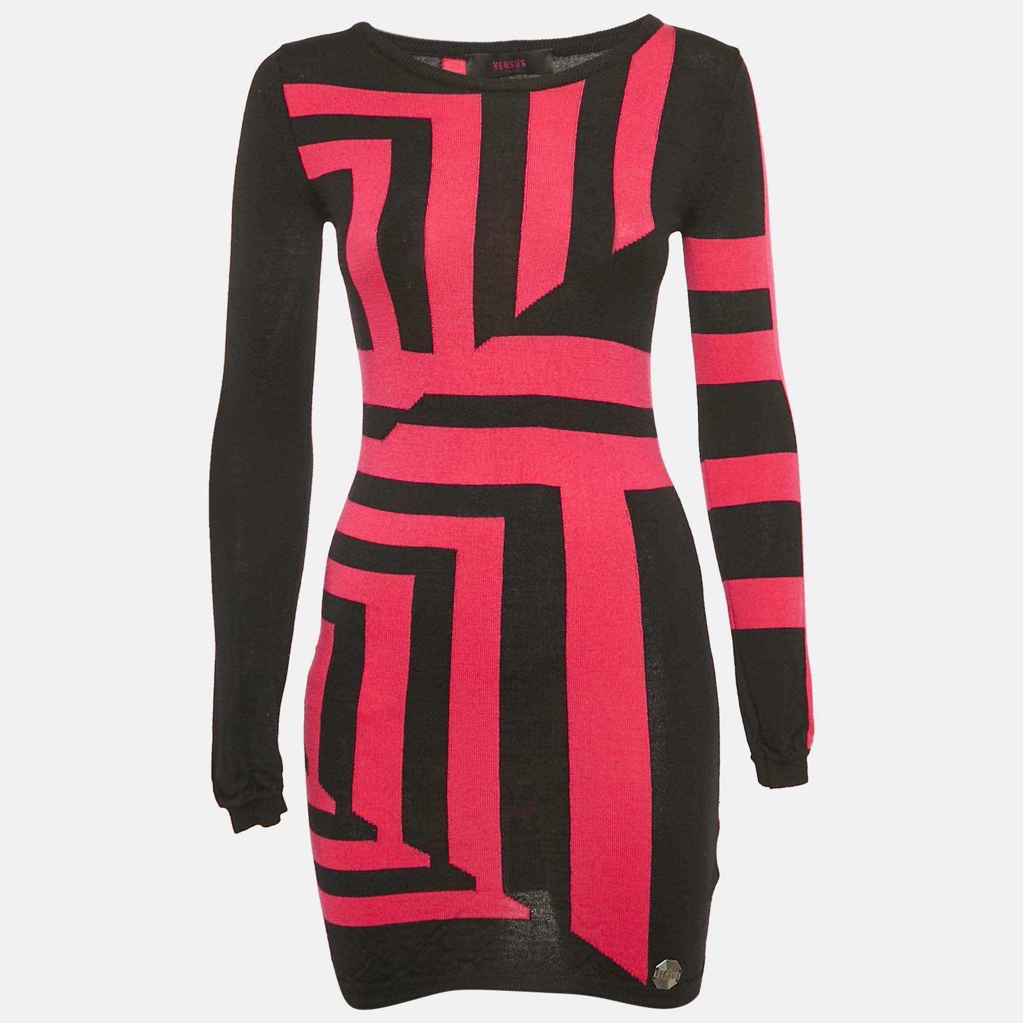 

Versus Versace Black/Pink Patterned Knit Mini Sweater Dress S