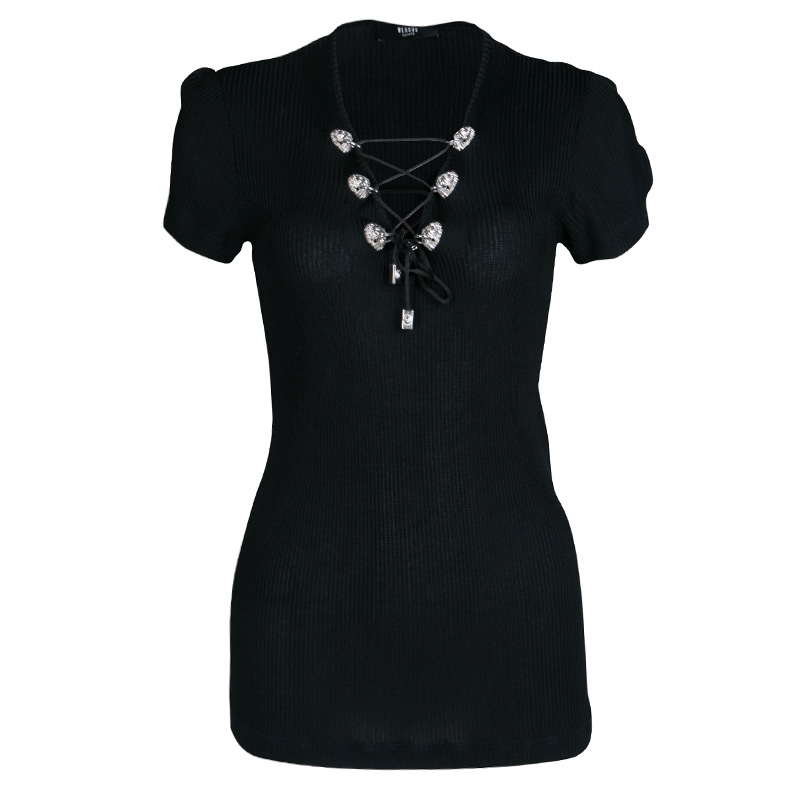 Pre Owned Versus Versace Black Rib Knit Lion Studded Criss Cross Front Top M