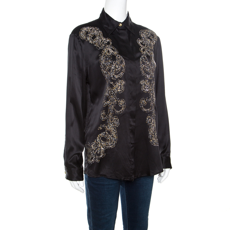 

Versus Versace Black Silk Satin Baroque Pattern Embellished Long Sleeve Shirt