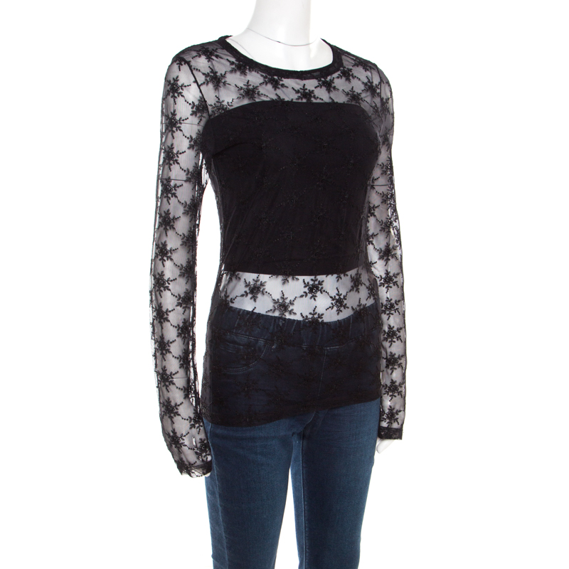 

Versus Versace Vintage Black Floral Embroidered Tulle Sheer Top