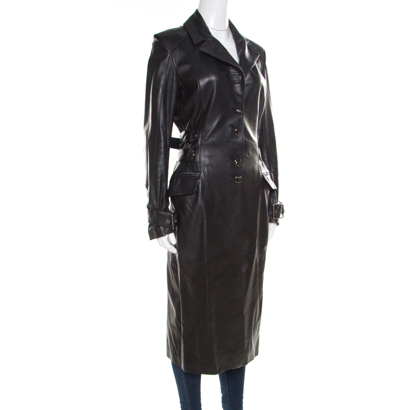 

Versus Versace Black Leather Belted Back Detail Overcoat