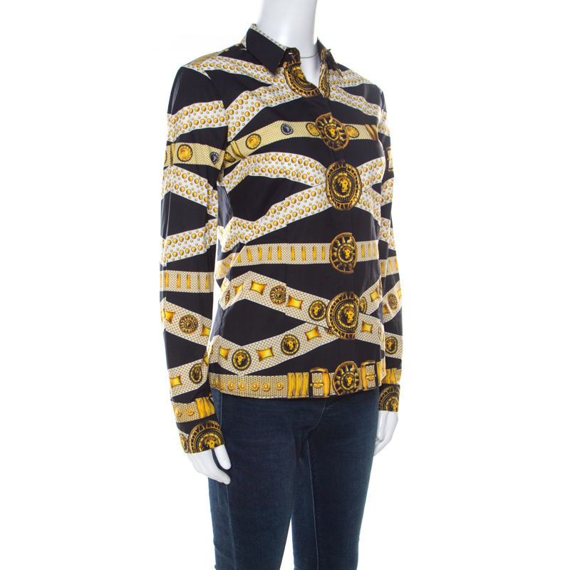 

Versus Versace Black and Yellow Logo Printed Cotton Button Front Shirt