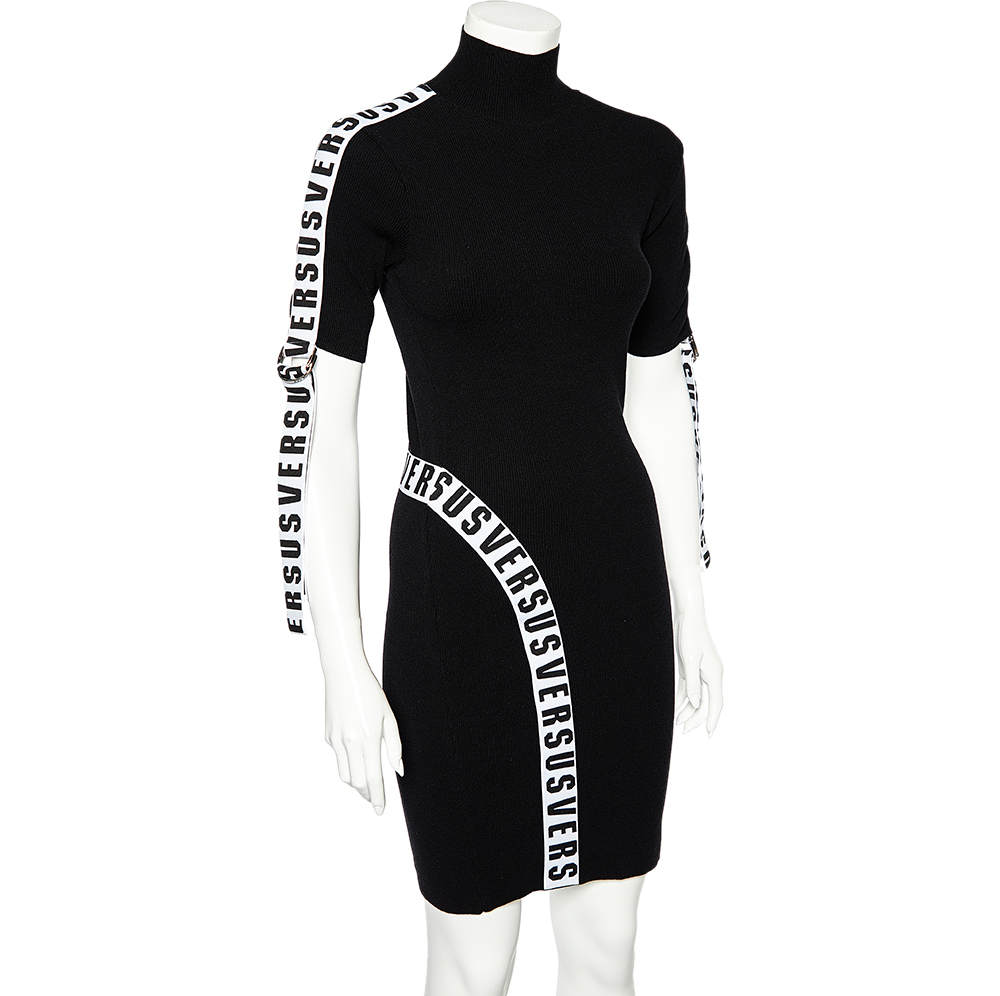 

Versus Versace Black Rib Knit Logo Band Detail High Neck Bodycon Dress