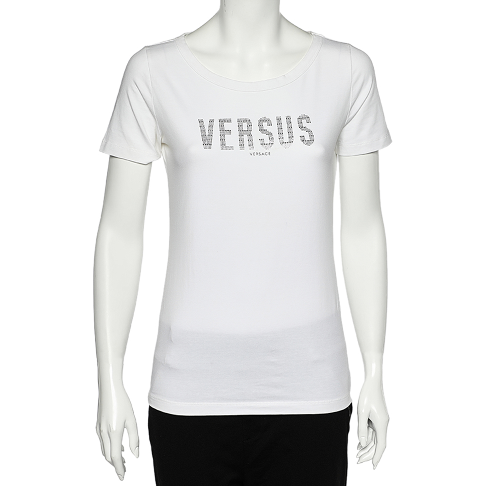 

Versus Versace White Logo Embellished Cotton Knit T-Shirt