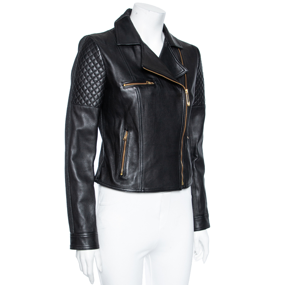 

Versus Versace Black Leather & Denim Paneled Biker Jacket