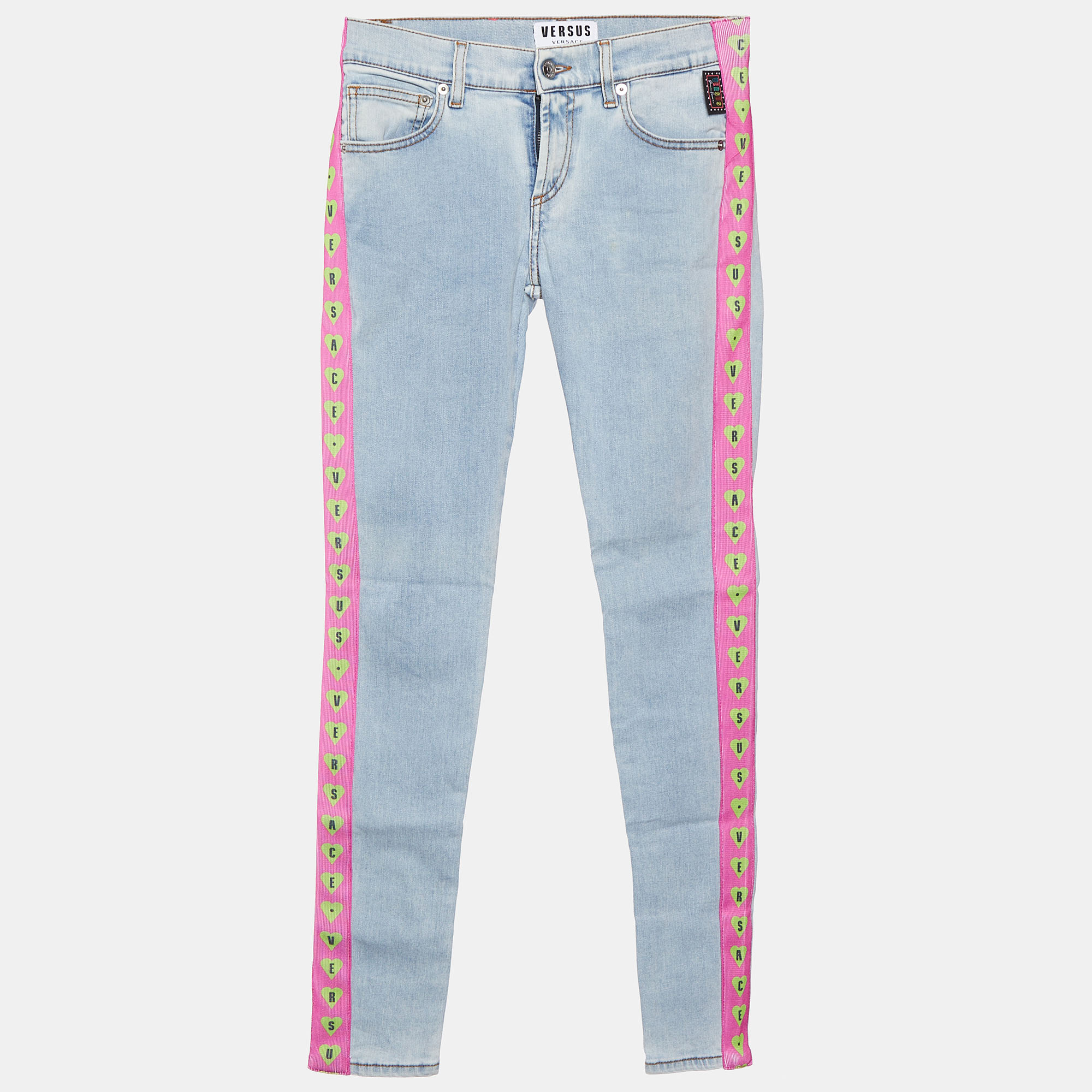 

Versus Versace Blue Denim Logo Printed Side Strip Detail Slim Fit Jeans S Waist 28"