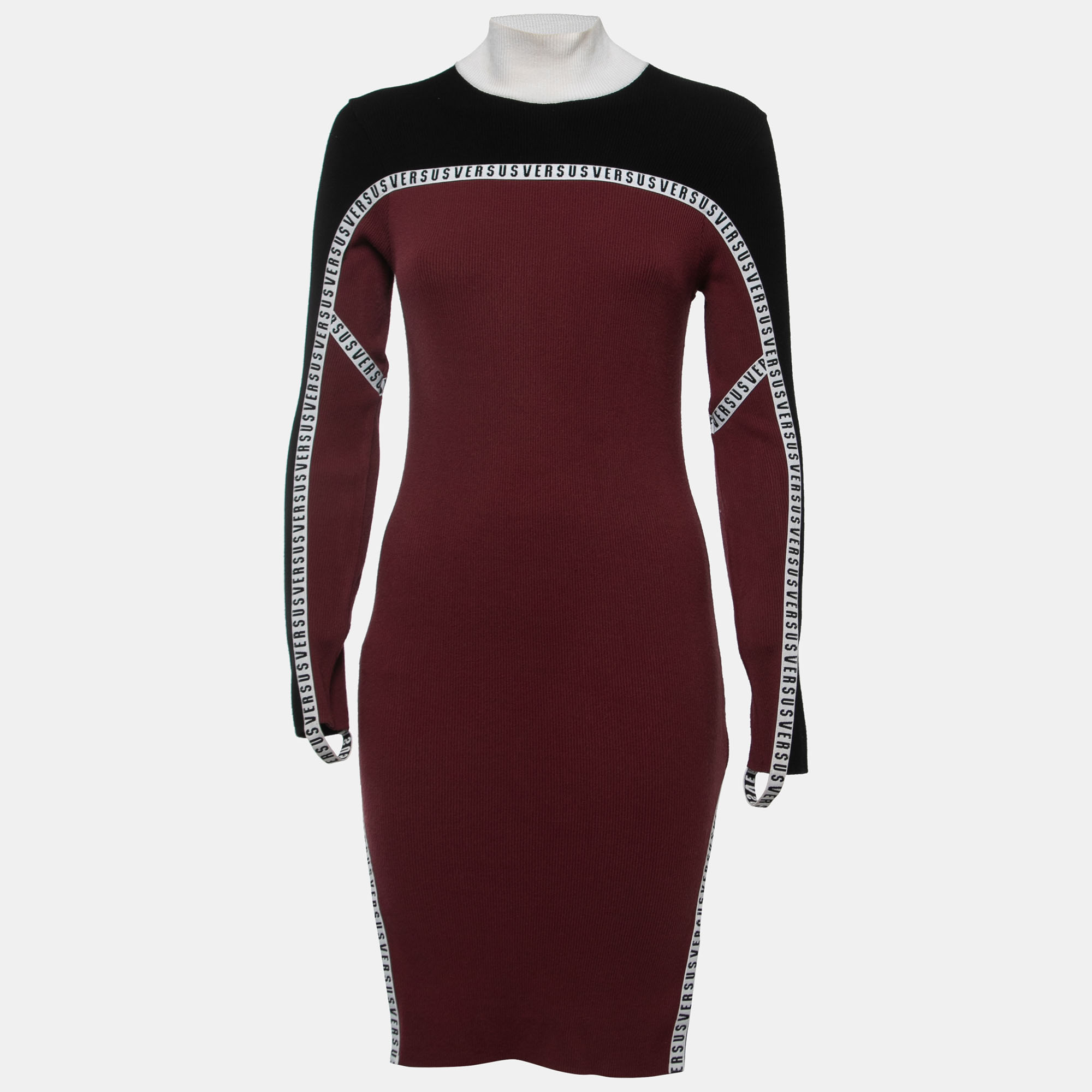 

Versus Versace Black/Burgundy Ribbed Knit Logo Tape Bodycon Dress