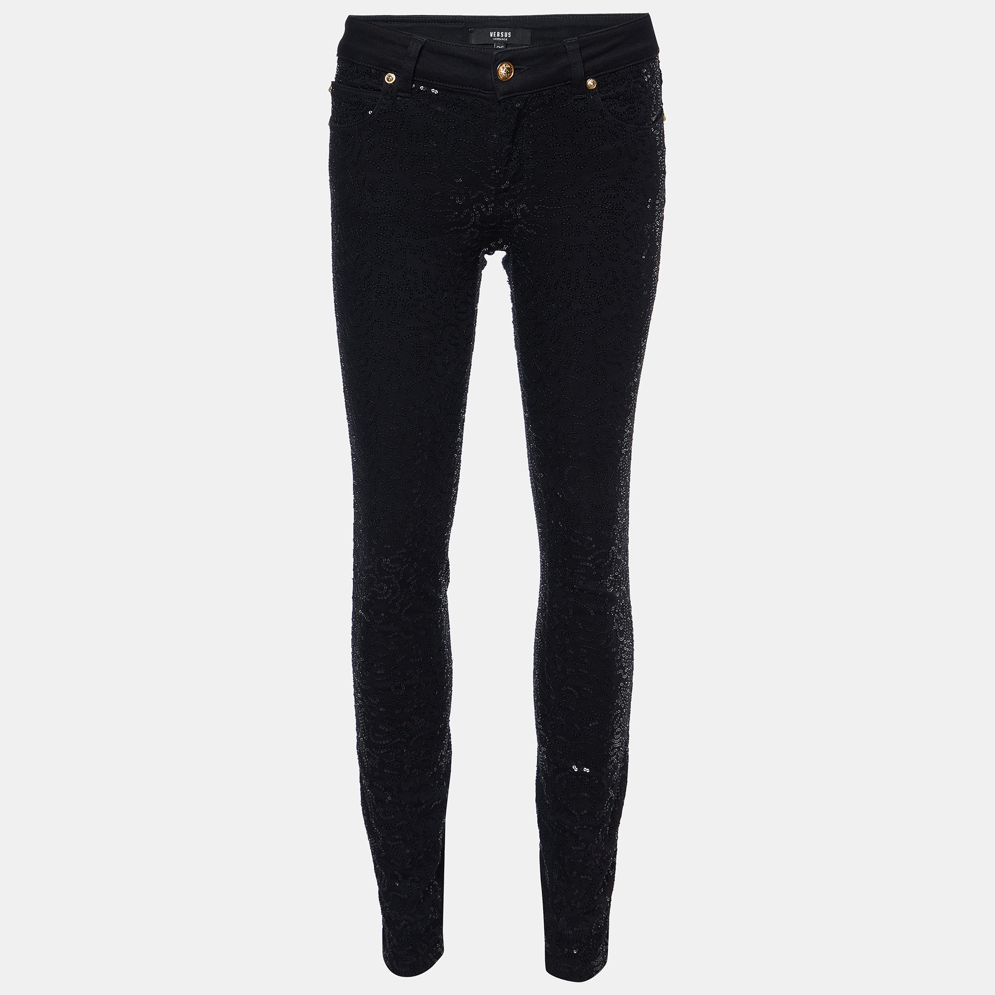 Pre-owned Versus Black Sequined Denim Skinny Jeans S/waist 28"