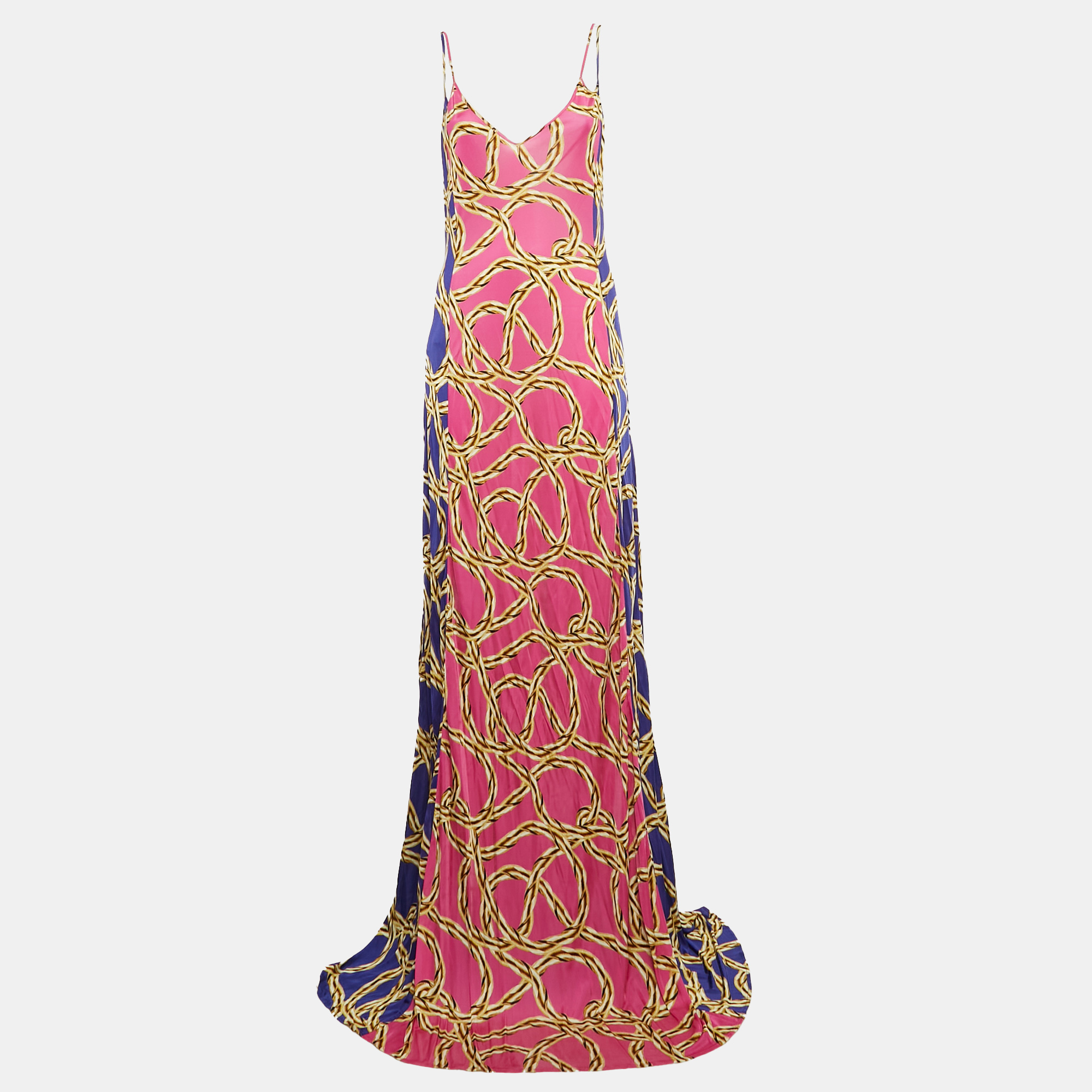 

Vetements Pink/Blue Chain Print Jersey Strappy Maxi Dress L